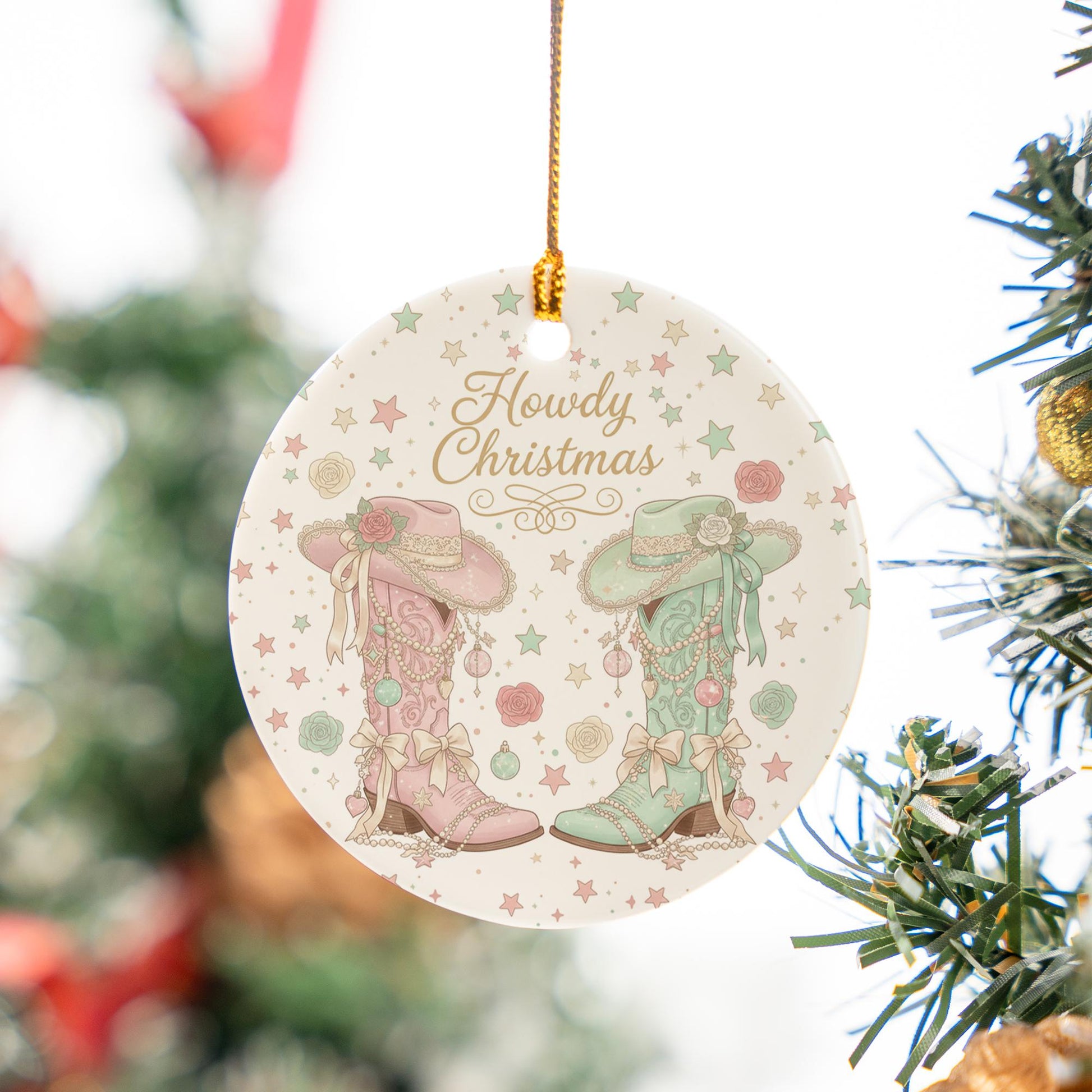 Howdy Christmas Cowgirl Boots Ornament - Pink and Teal Western Christmas Decor