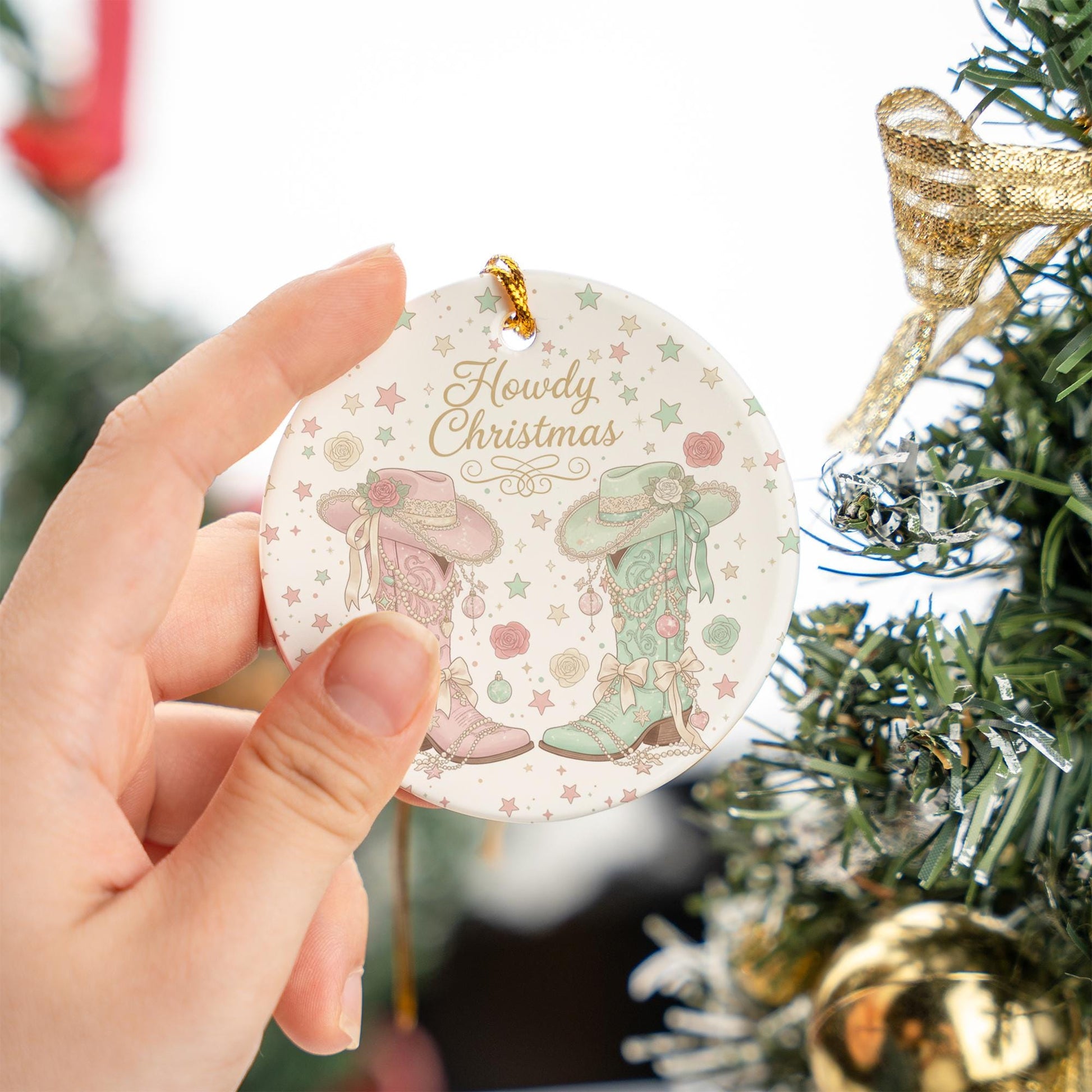 Howdy Christmas Cowgirl Boots Ornament - Pink and Teal Western Christmas Decor