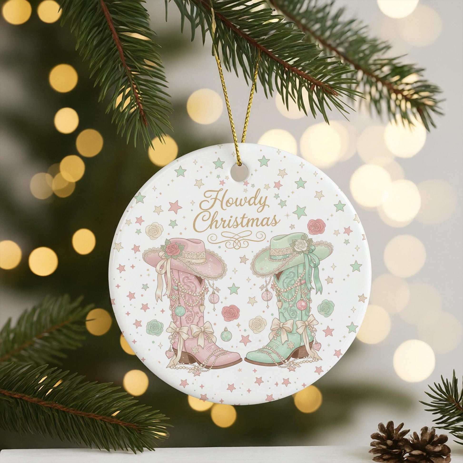Howdy Christmas Cowgirl Boots Ornament - Pink and Teal Western Christmas Decor