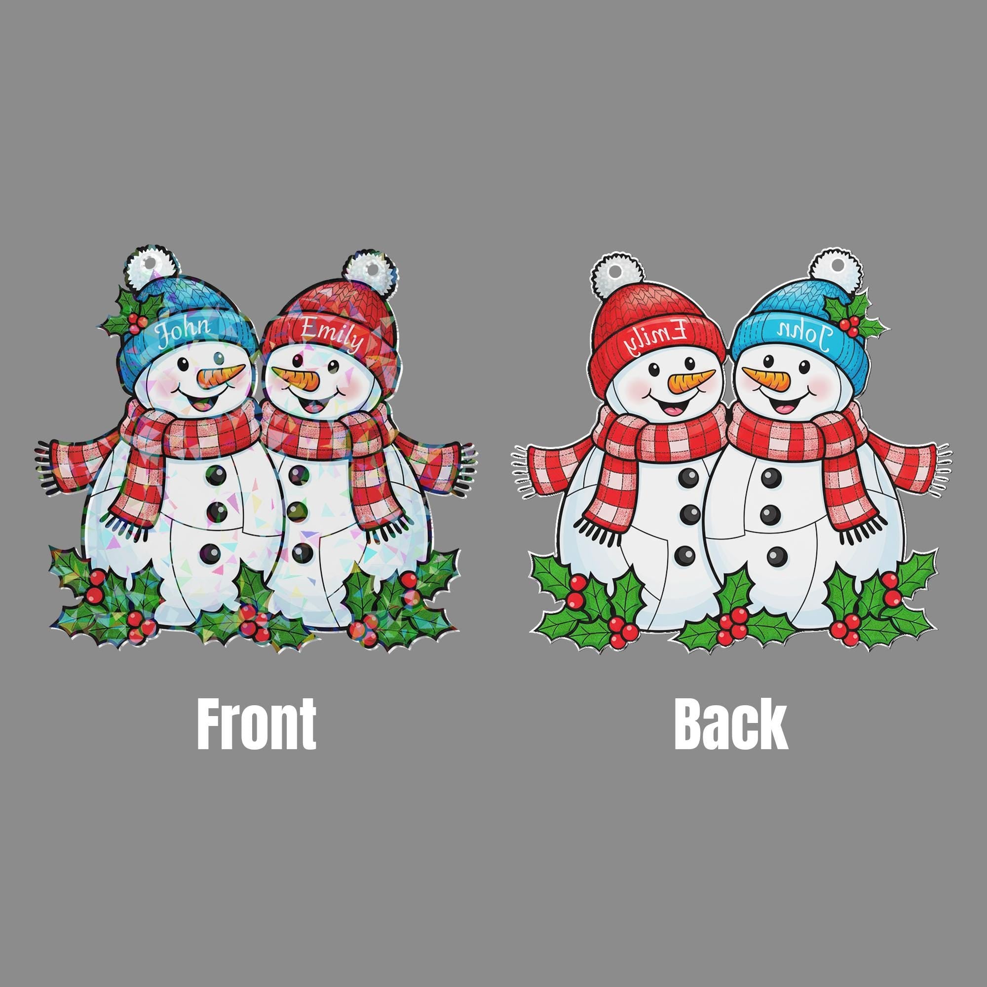 Personalized Snowman Couple Acrylic Window Hanging: Hologram Christmas Decoration