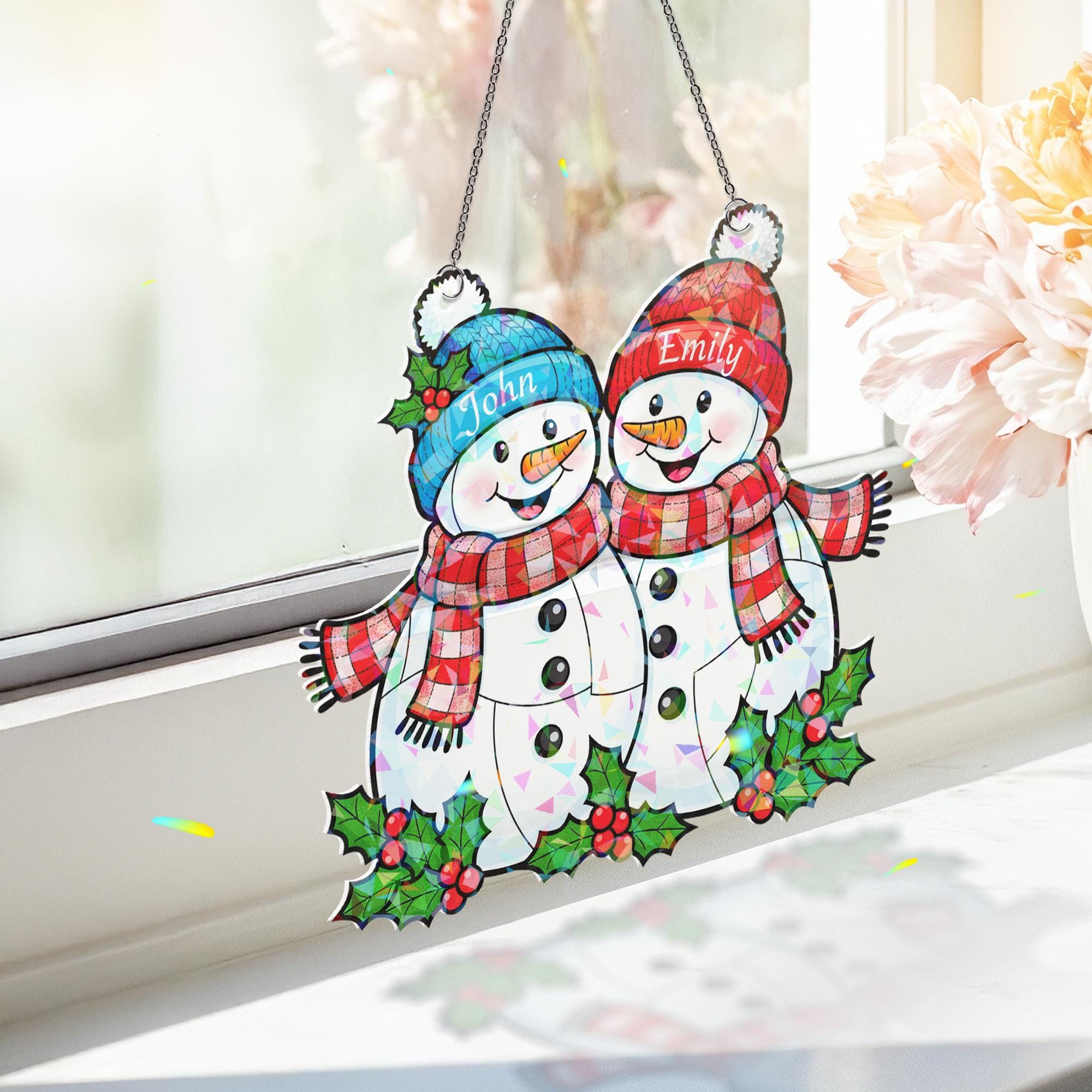 Personalized Snowman Couple Acrylic Window Hanging: Hologram Christmas Decoration