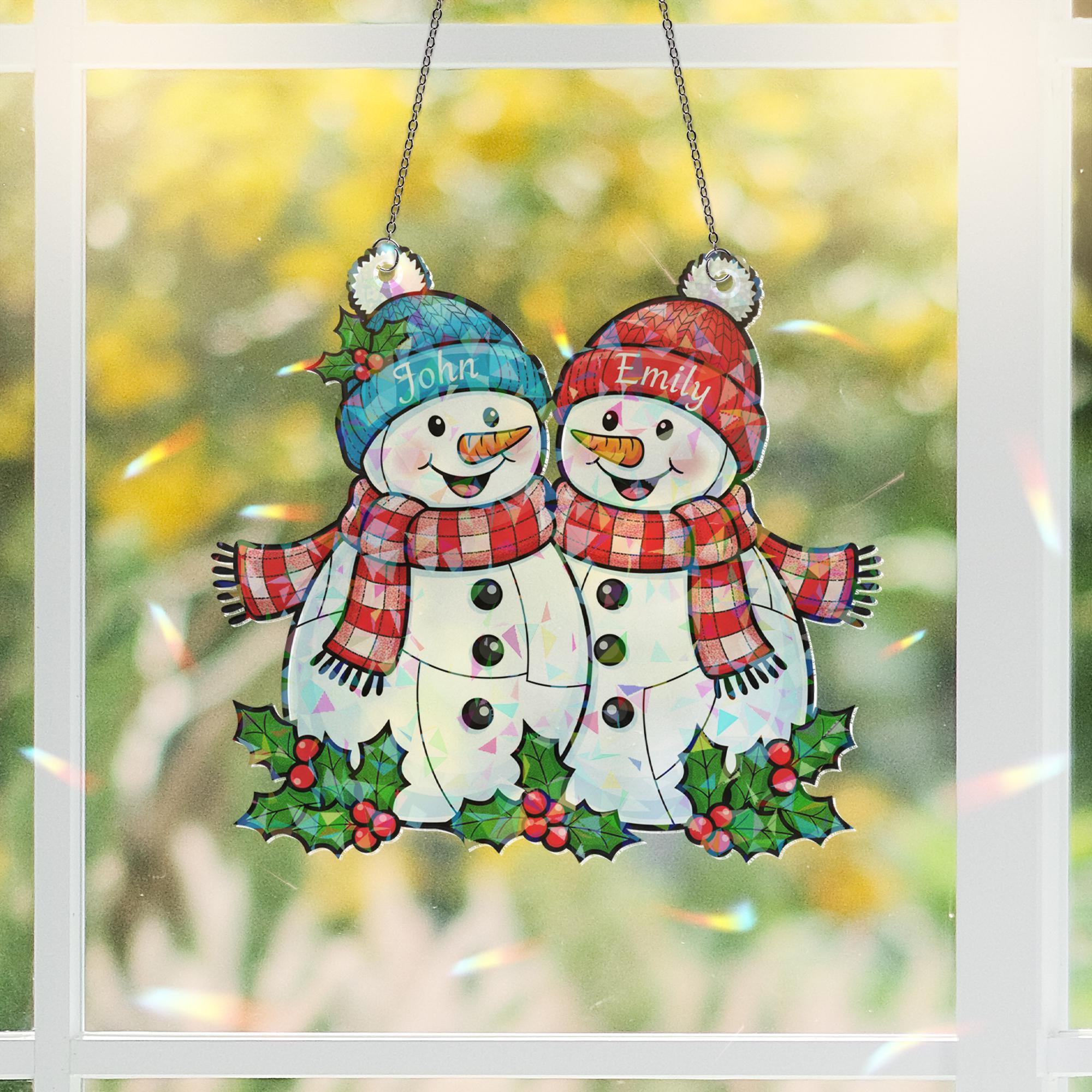 Personalized Snowman Couple Acrylic Window Hanging: Hologram Christmas Decoration