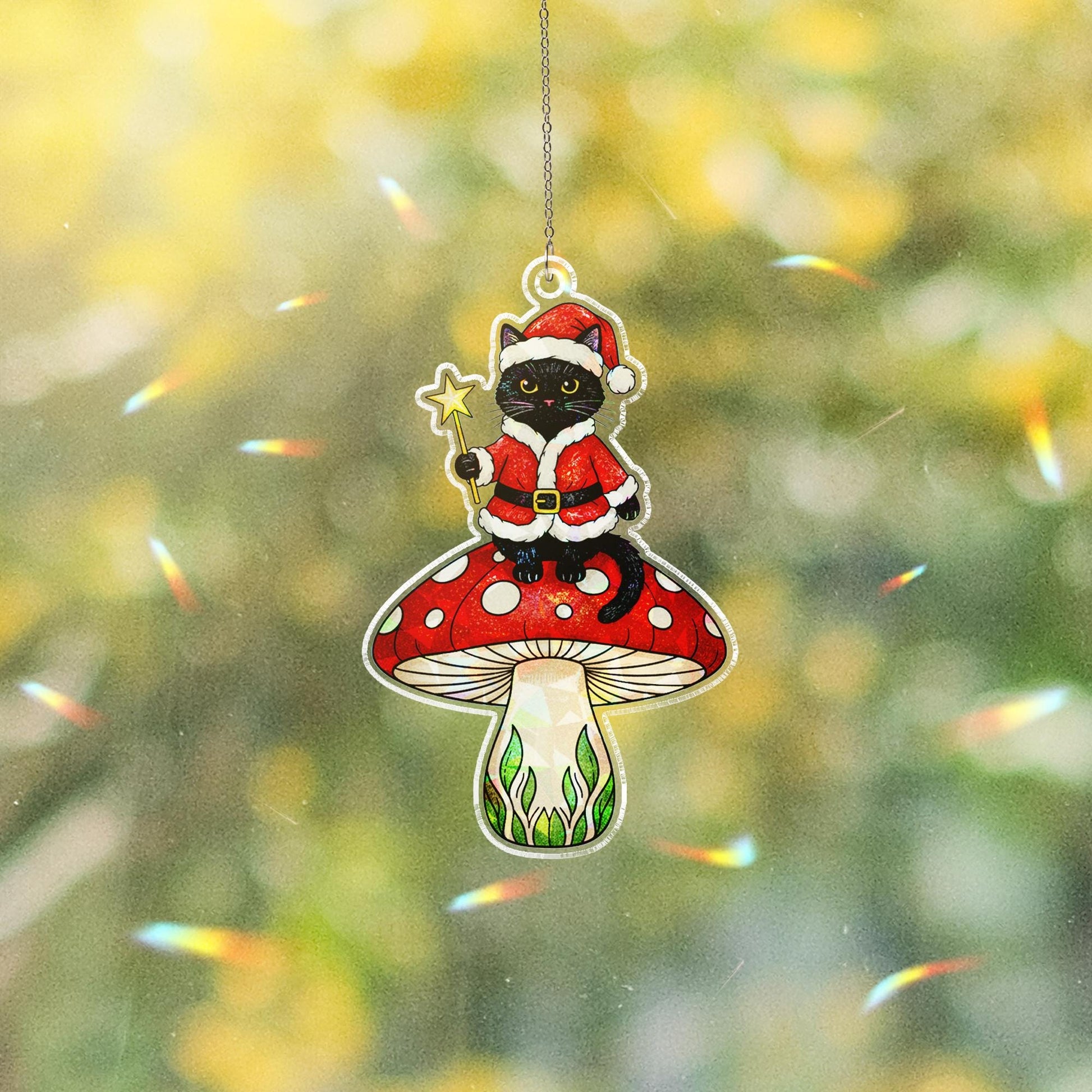 Black Cat Santa Acrylic Window Hanging: Hologram Christmas Decoration