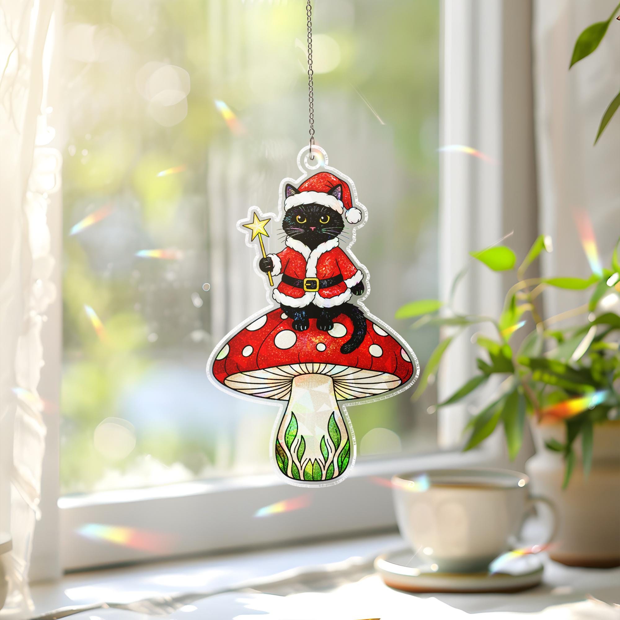 Black Cat Santa Acrylic Window Hanging: Hologram Christmas Decoration