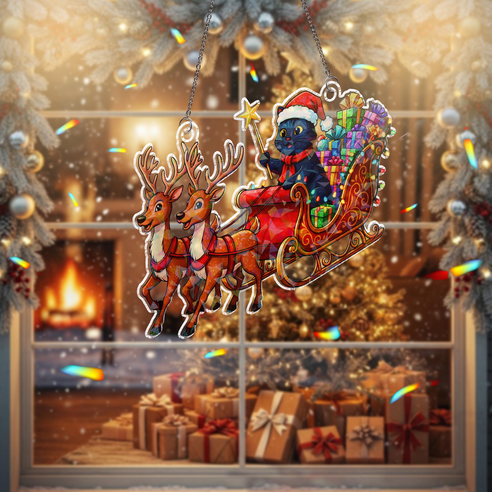 Black Cat Santa Sleigh Acrylic Window Hanging: Hologram Christmas Decoration