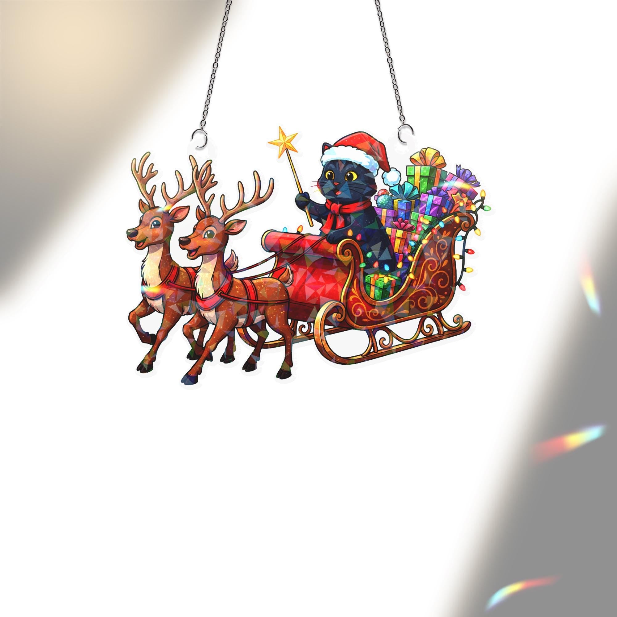 Black Cat Santa Sleigh Acrylic Window Hanging: Hologram Christmas Decoration