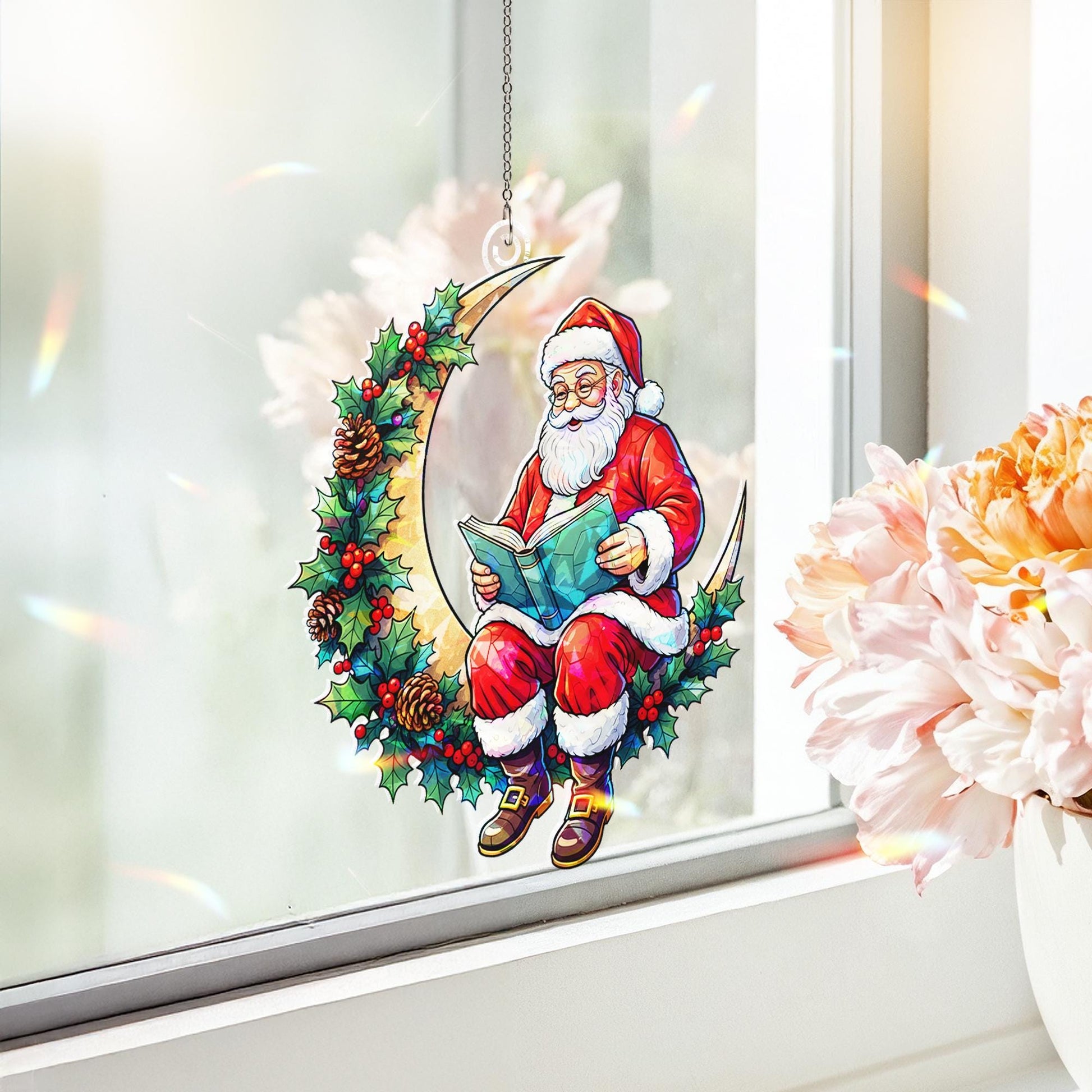 Santa on Moon Acrylic Window Hanging: Christmas Window Suncatcher