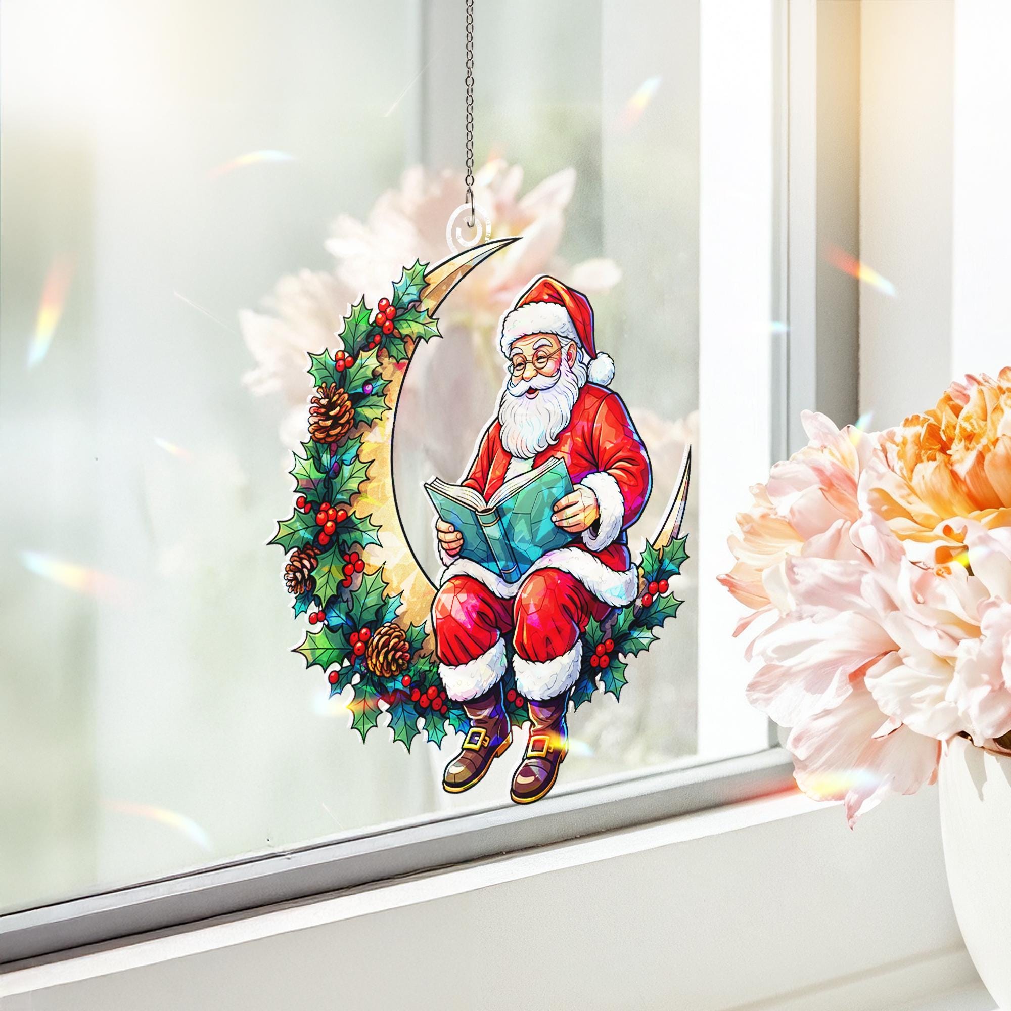 Santa on Moon Acrylic Window Hanging: Christmas Window Suncatcher