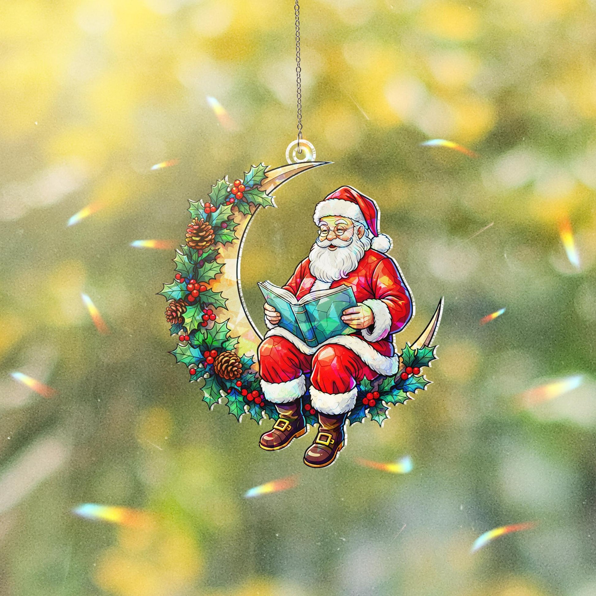Santa on Moon Acrylic Window Hanging: Christmas Window Suncatcher