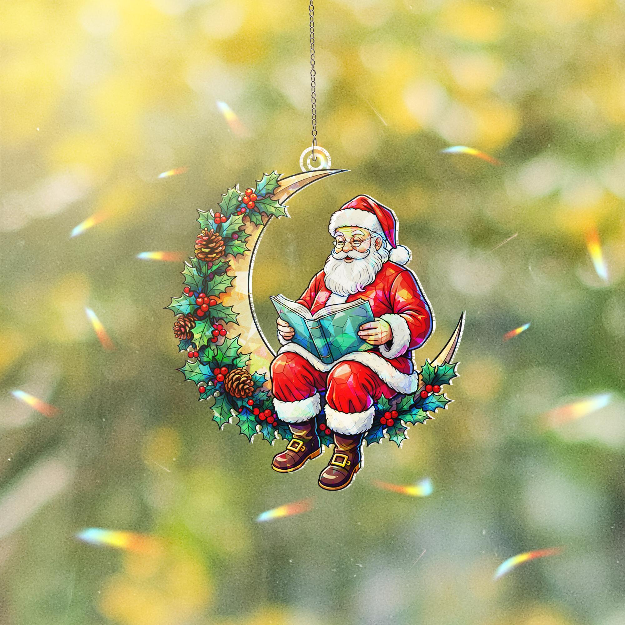 Santa on Moon Acrylic Window Hanging: Christmas Window Suncatcher