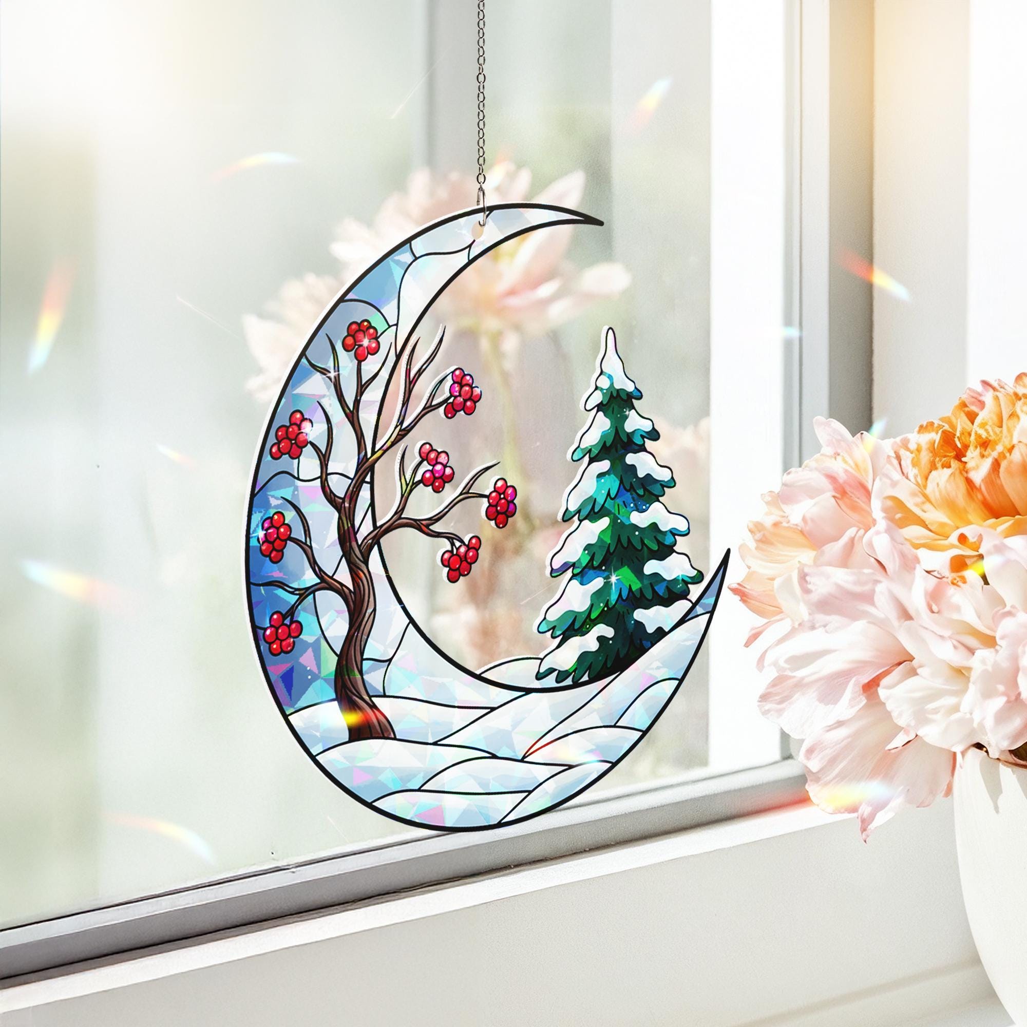 Winter Moon Acrylic Window Hanging: Hologram Christmas Decoration