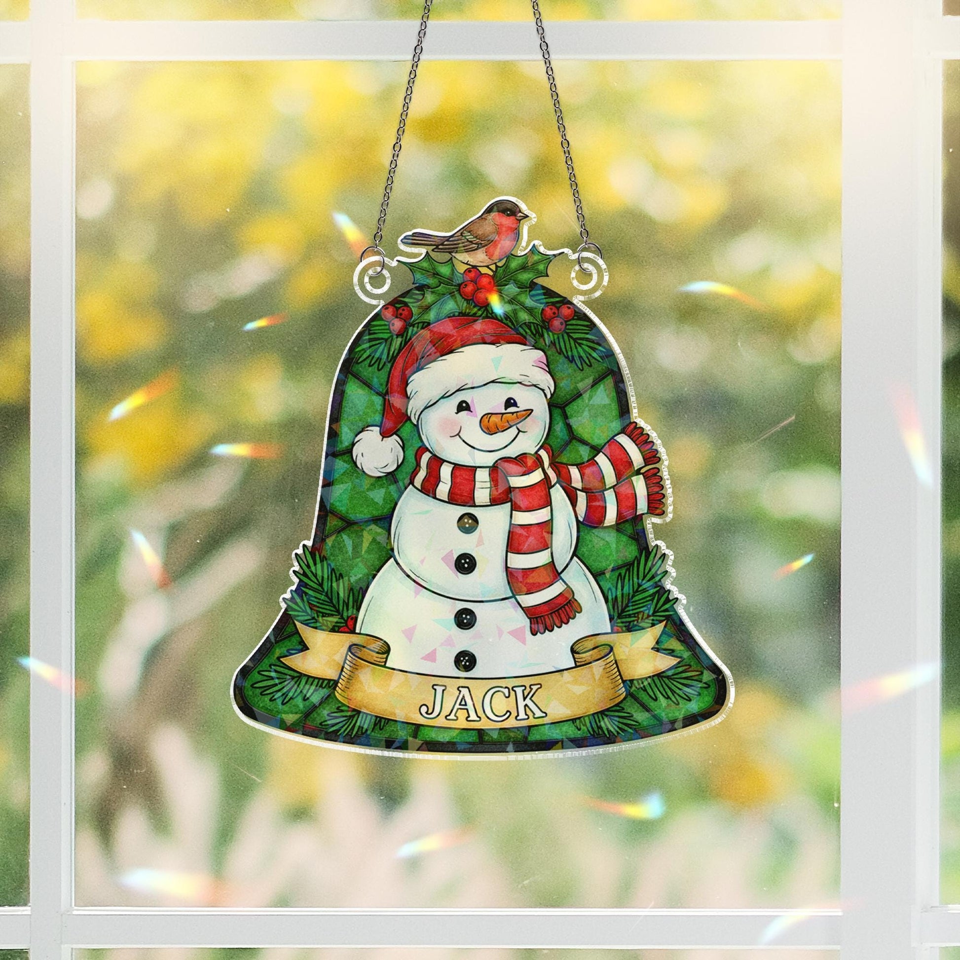 Personalized Snowman Bell Acrylic Window Hanging: Hologram Christmas Decoration
