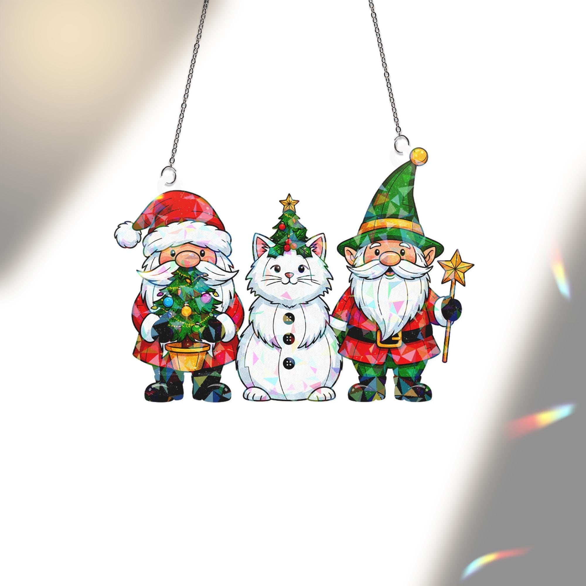 Santa Cat Gnome Acrylic Window Hanging: Hologram Christmas Decoration