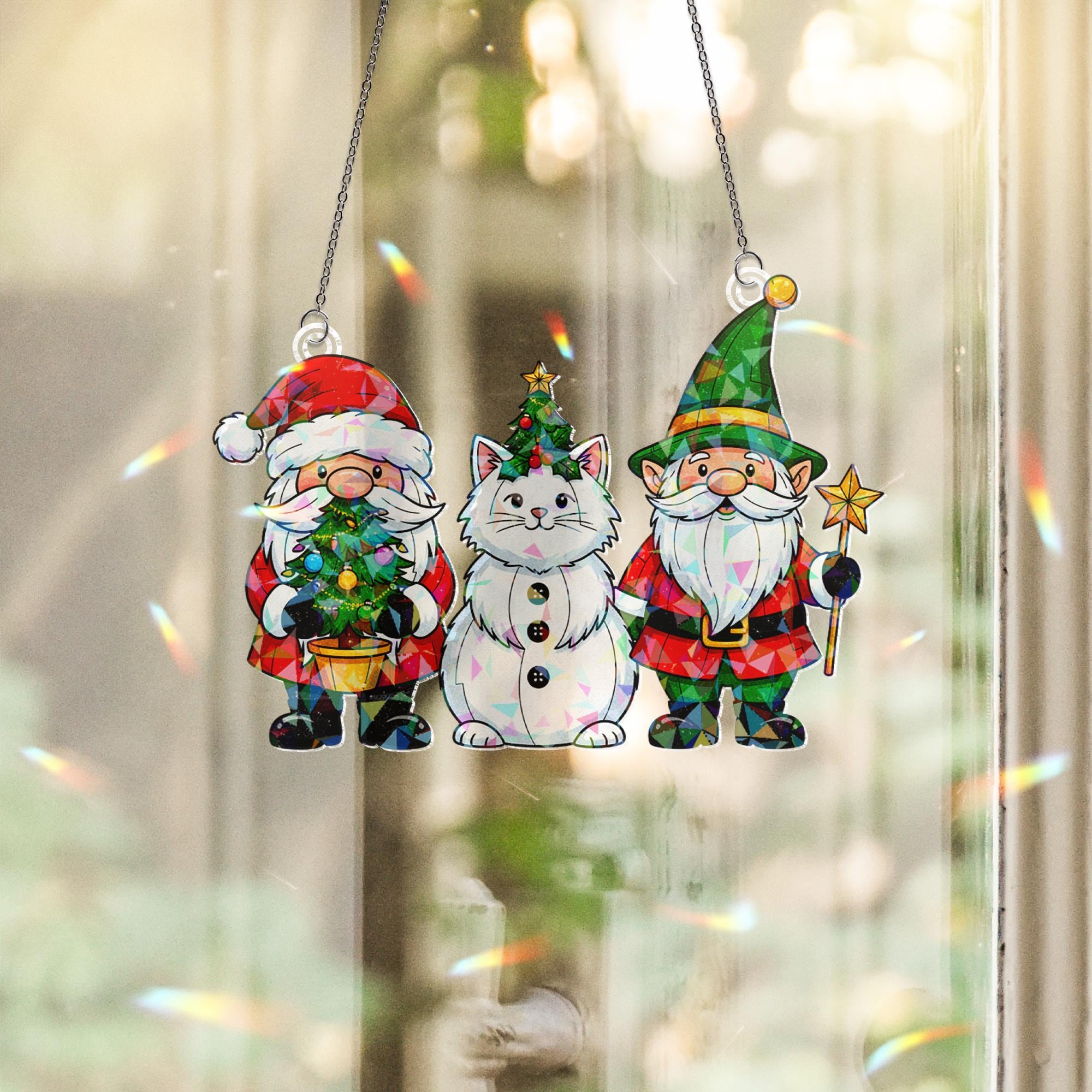 Santa Cat Gnome Acrylic Window Hanging: Hologram Christmas Decoration