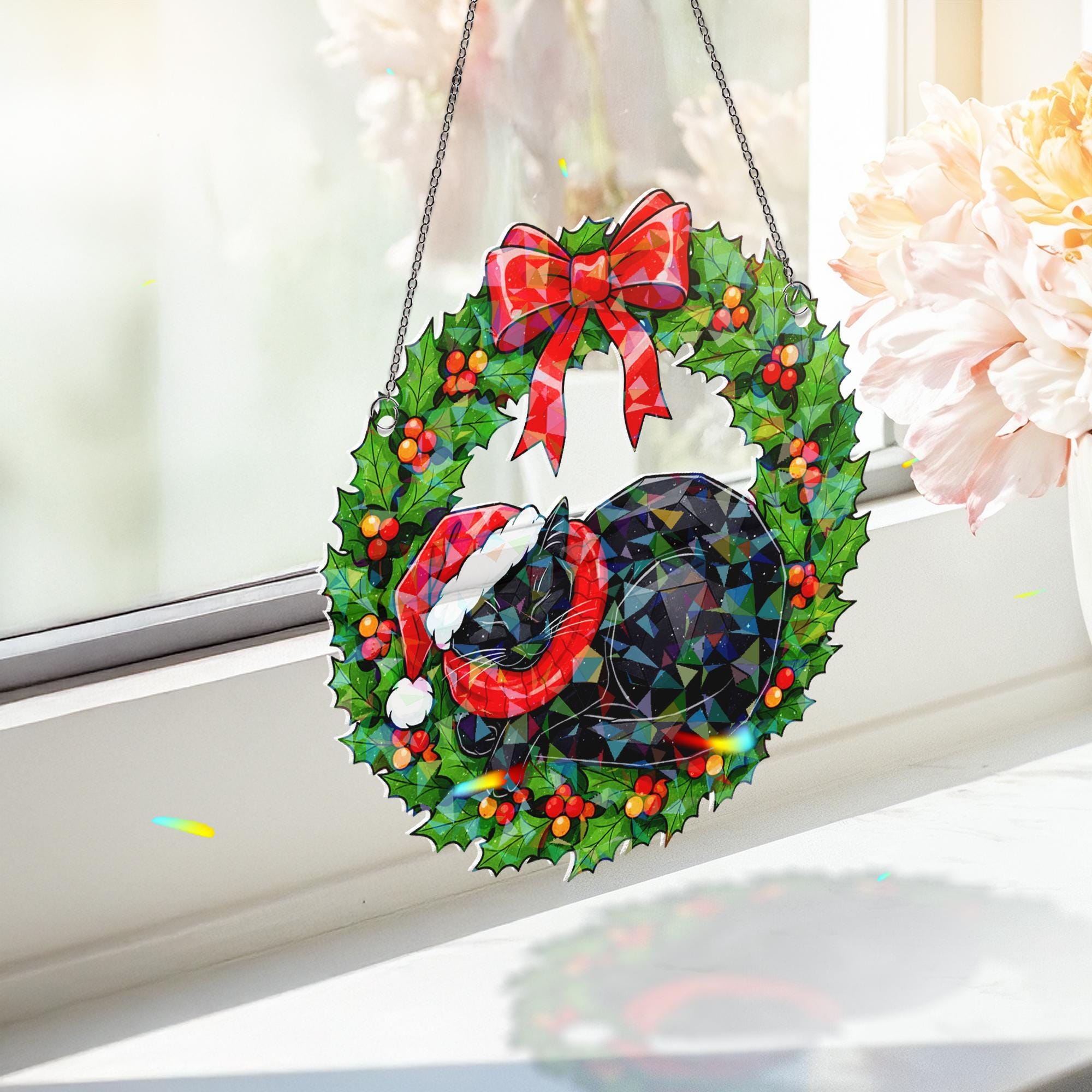 Black Cat Wreath Acrylic Window Hanging: Hologram Christmas Decoration