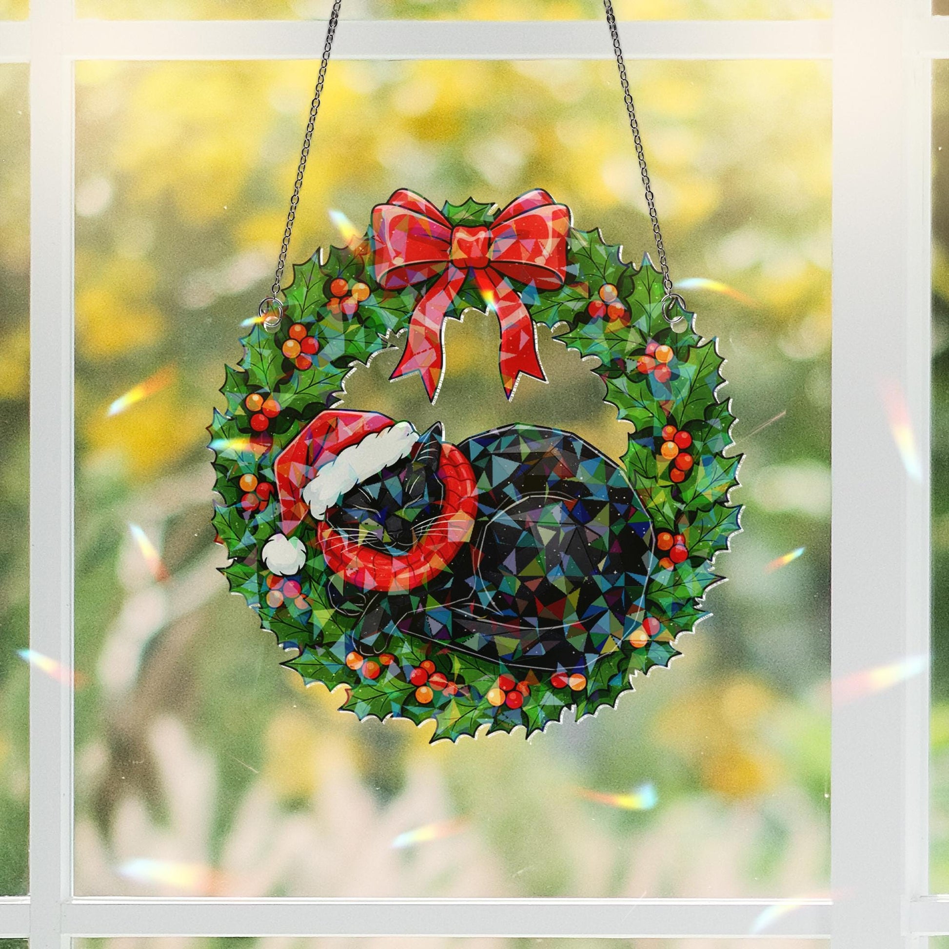 Black Cat Wreath Acrylic Window Hanging: Hologram Christmas Decoration