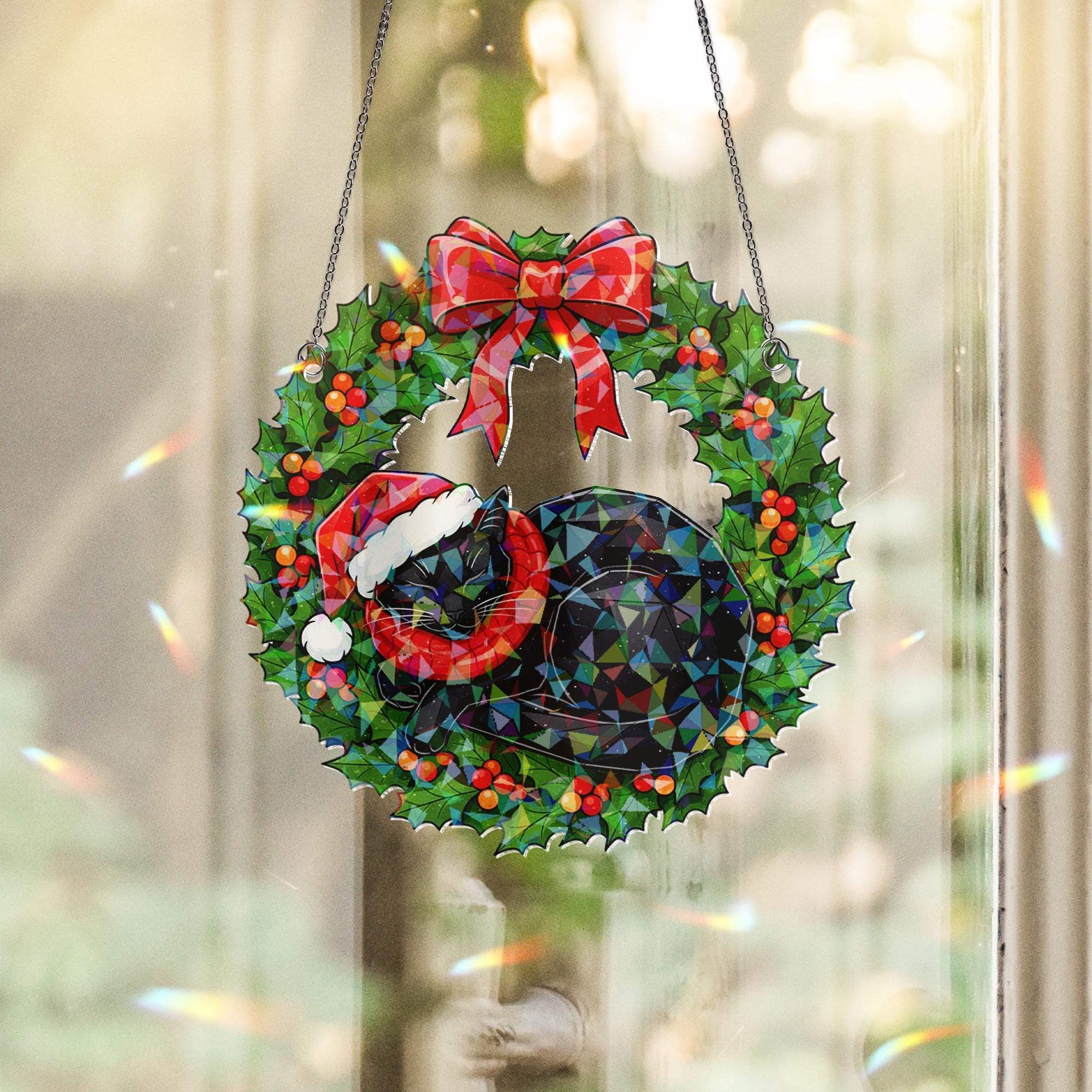 Black Cat Wreath Acrylic Window Hanging: Hologram Christmas Decoration