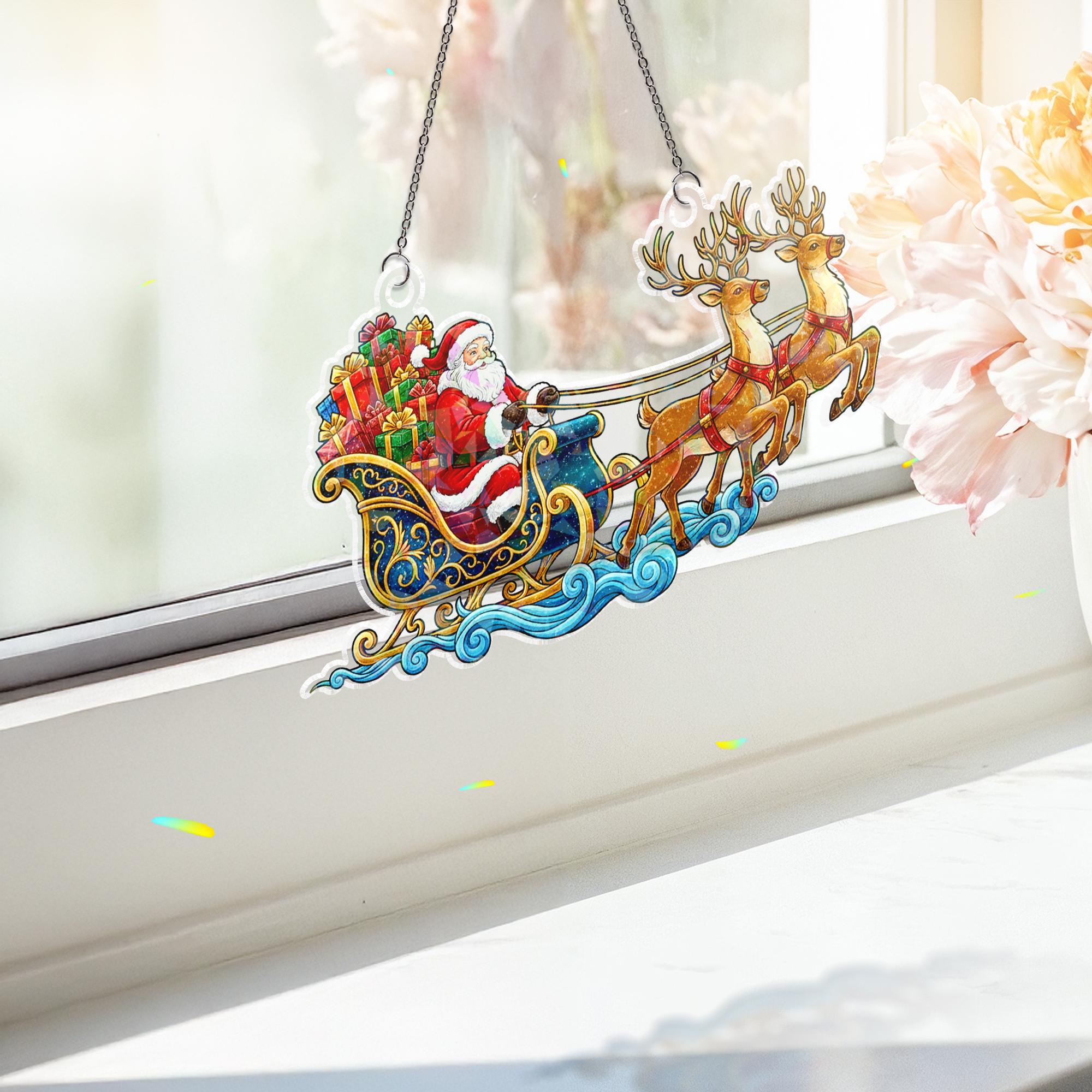 Santa Sleigh Acrylic Window Hanging: Hologram Christmas Decoration