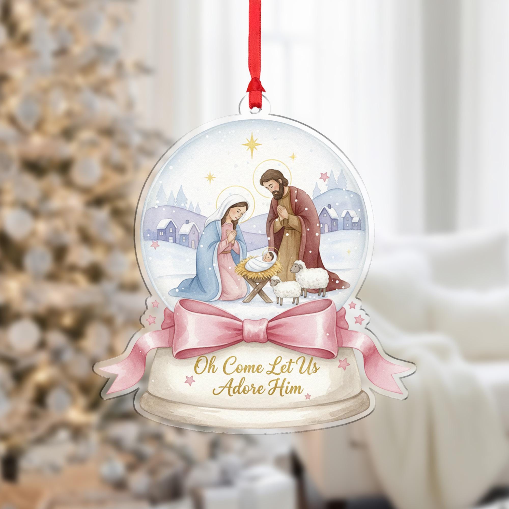 Nativity Snow Globe Ornament - Let Us Adore Him Religious Christmas Gift