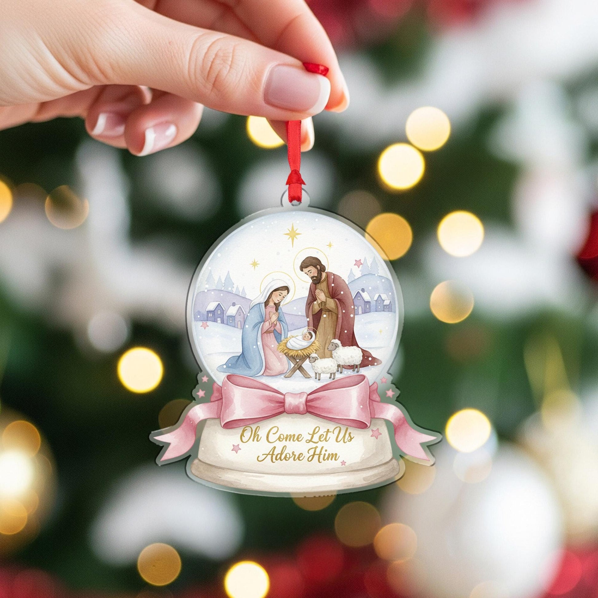 Nativity Snow Globe Ornament - Let Us Adore Him Religious Christmas Gift