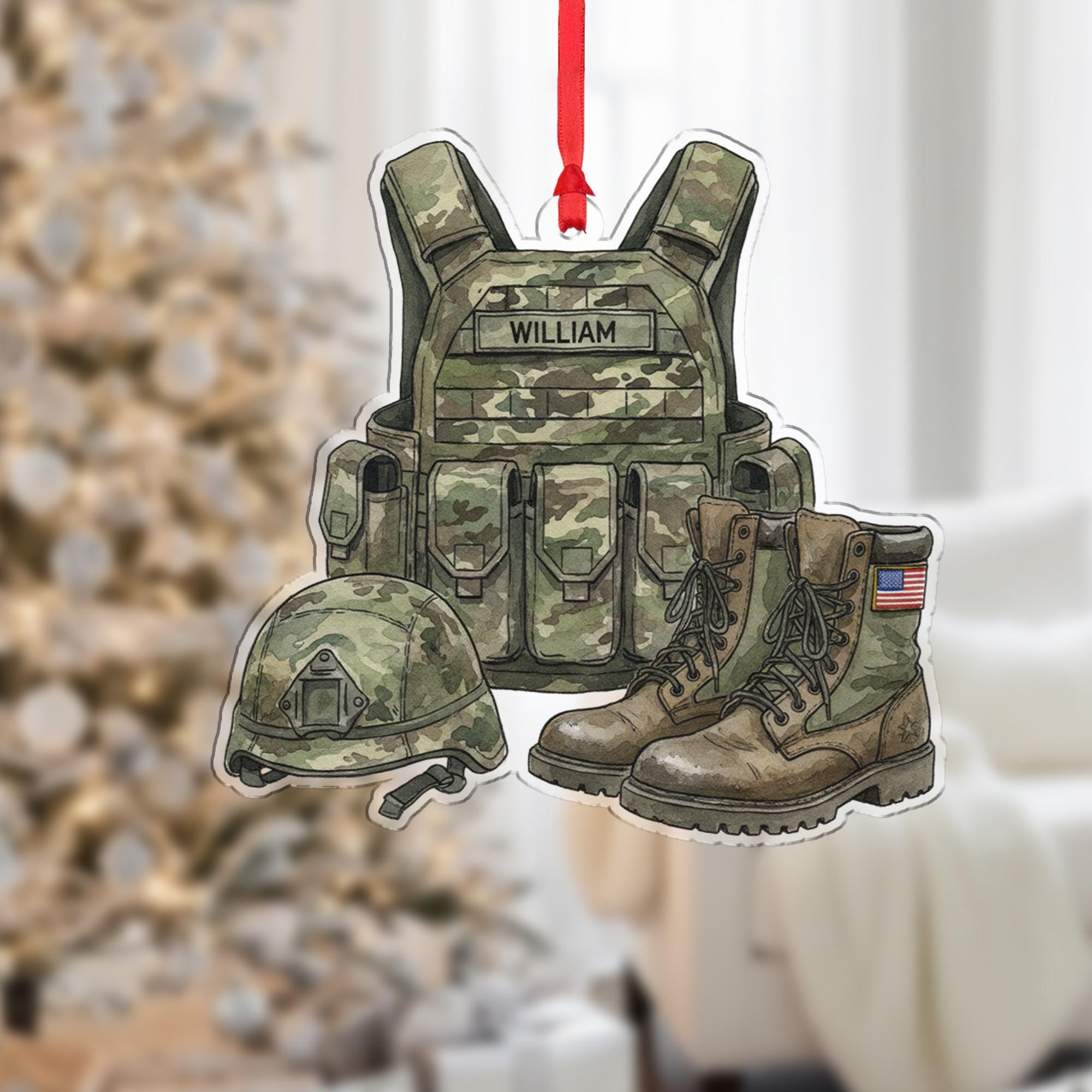 Personalized Military Uniform Ornament; Army Combat Gear Custom Name Decor