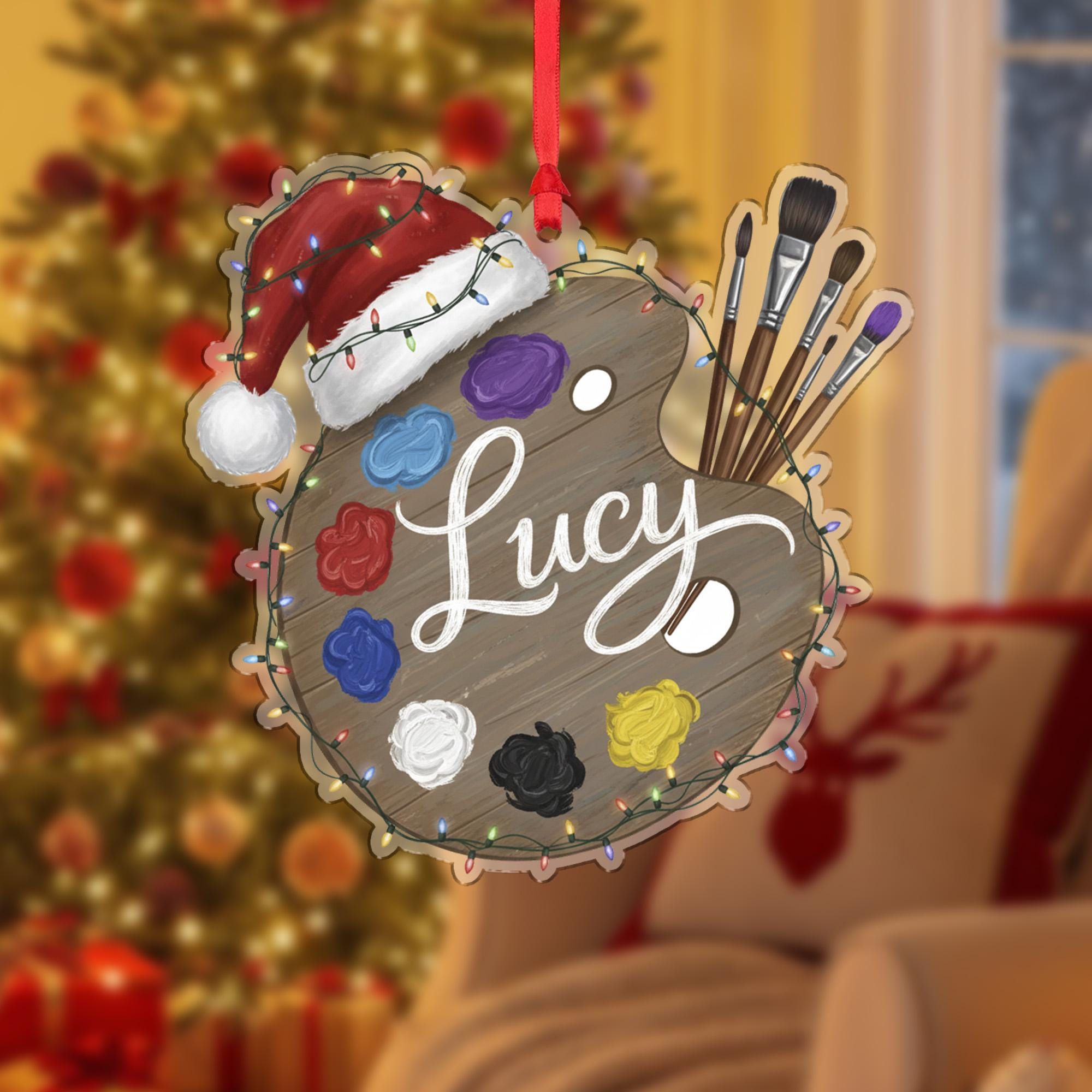 Personalized Artist Palette Christmas Acrylic Ornament; Custom Name Paint Brush Decor