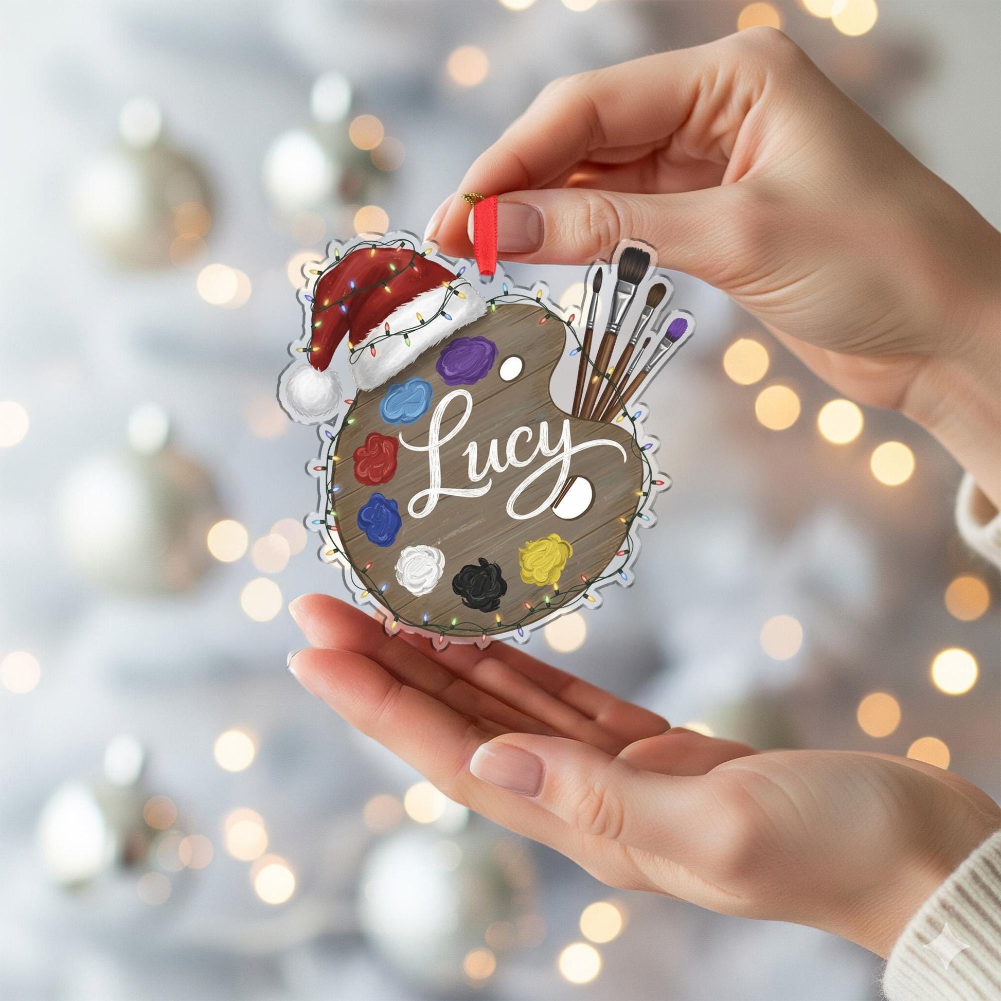Personalized Artist Palette Christmas Acrylic Ornament; Custom Name Paint Brush Decor