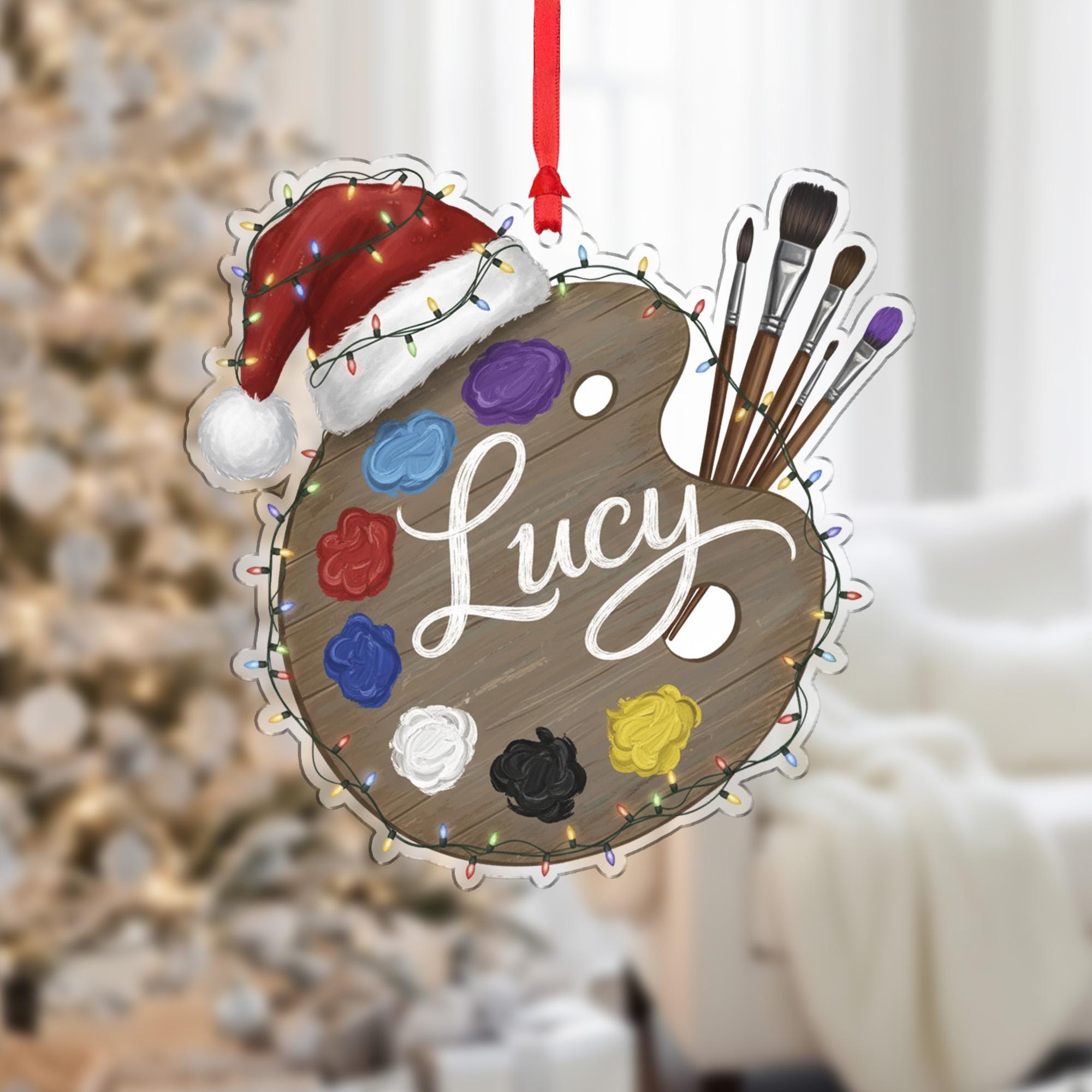 Personalized Artist Palette Christmas Acrylic Ornament; Custom Name Paint Brush Decor
