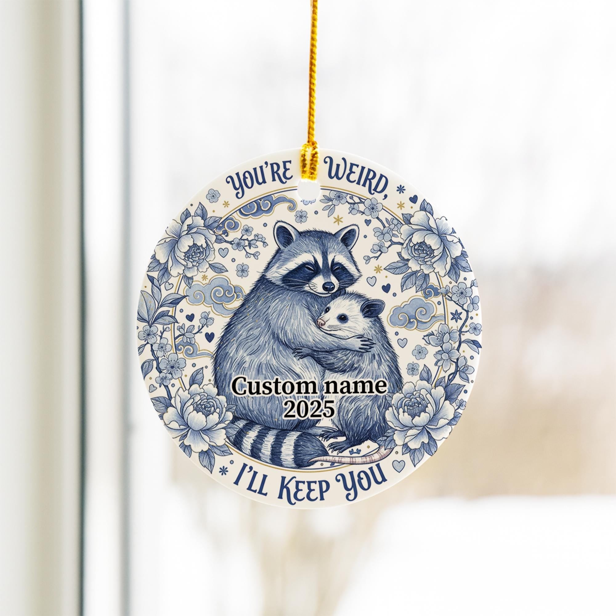 Personalized Raccoon Opossum Ceramic Ornament 2025; Humorous Weird Animal Decor