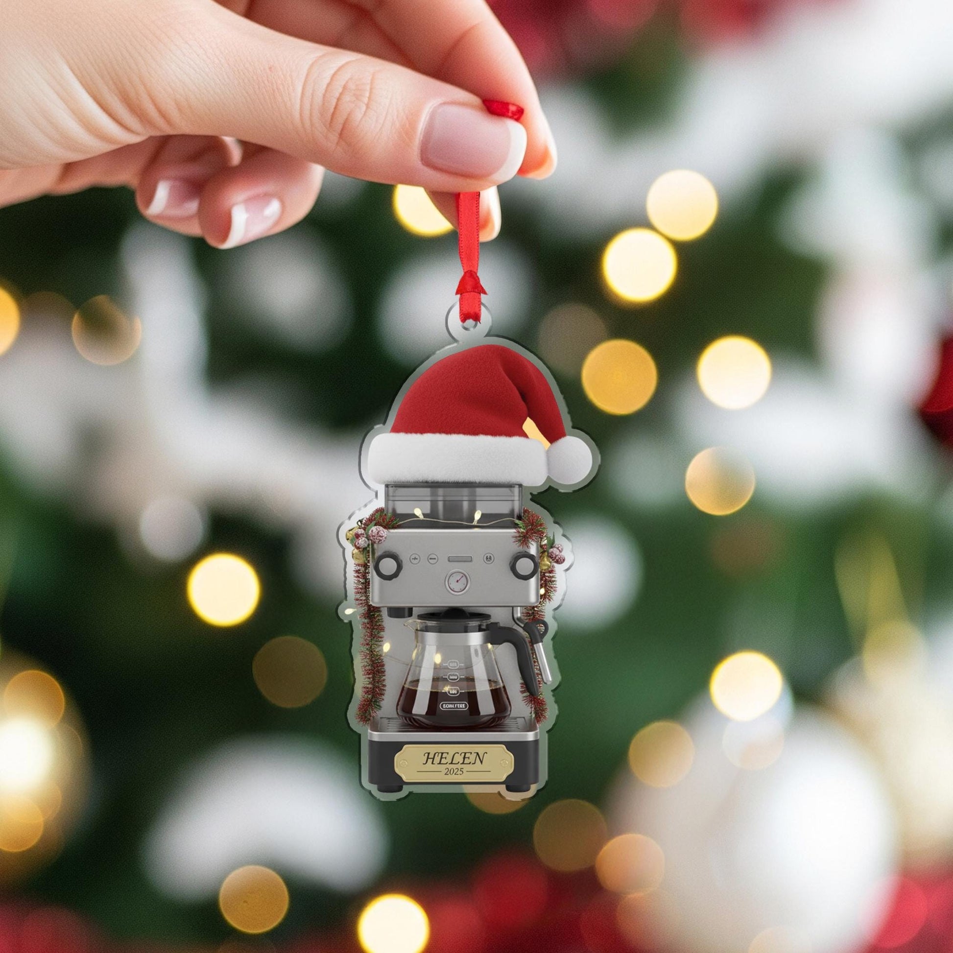 Personalized Drip Coffee Brewer Acrylic Ornament 2025; Espresso Machine Barista Decor