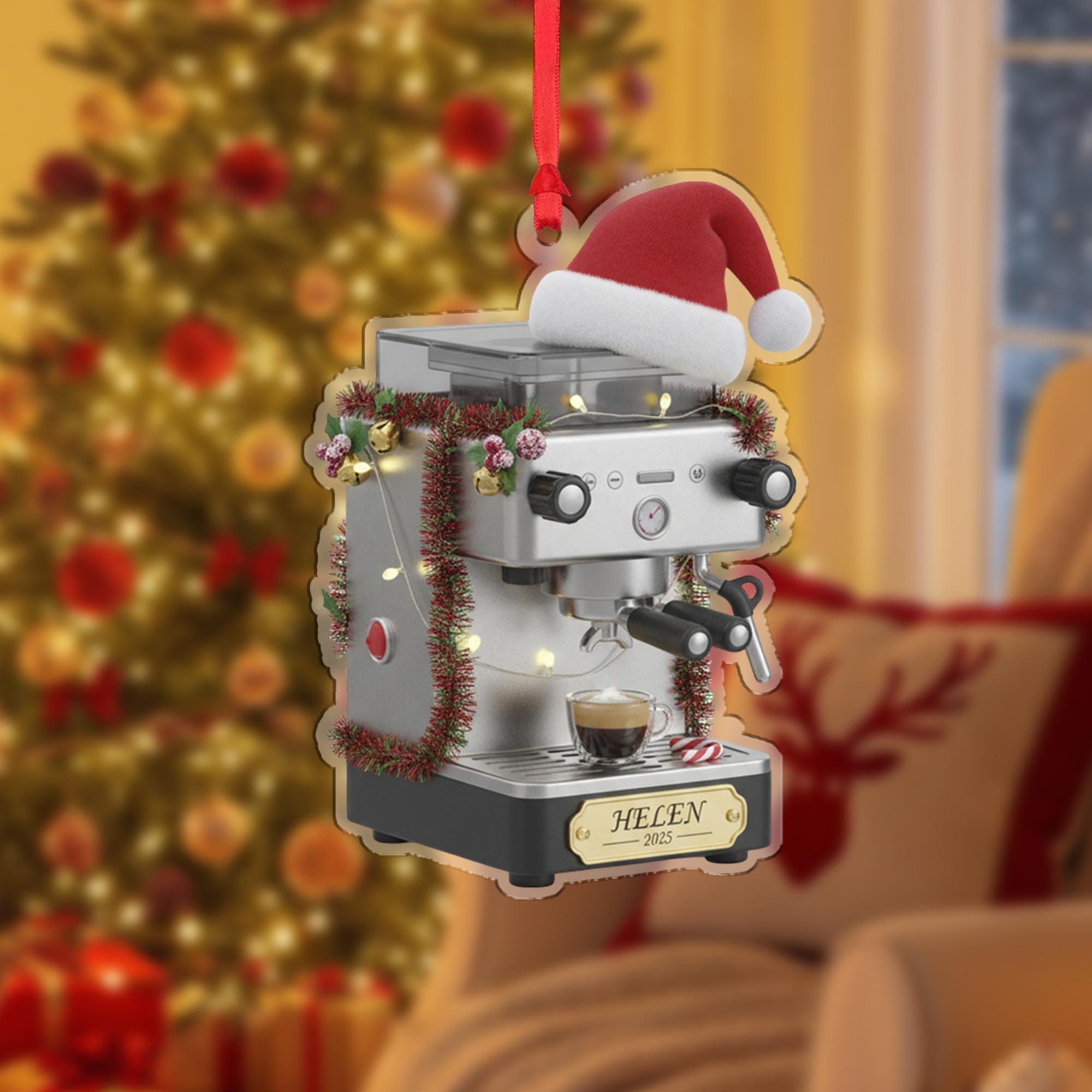 Personalized Espresso Machine Acrylic Ornament 2025; Barista Coffee Maker Decor