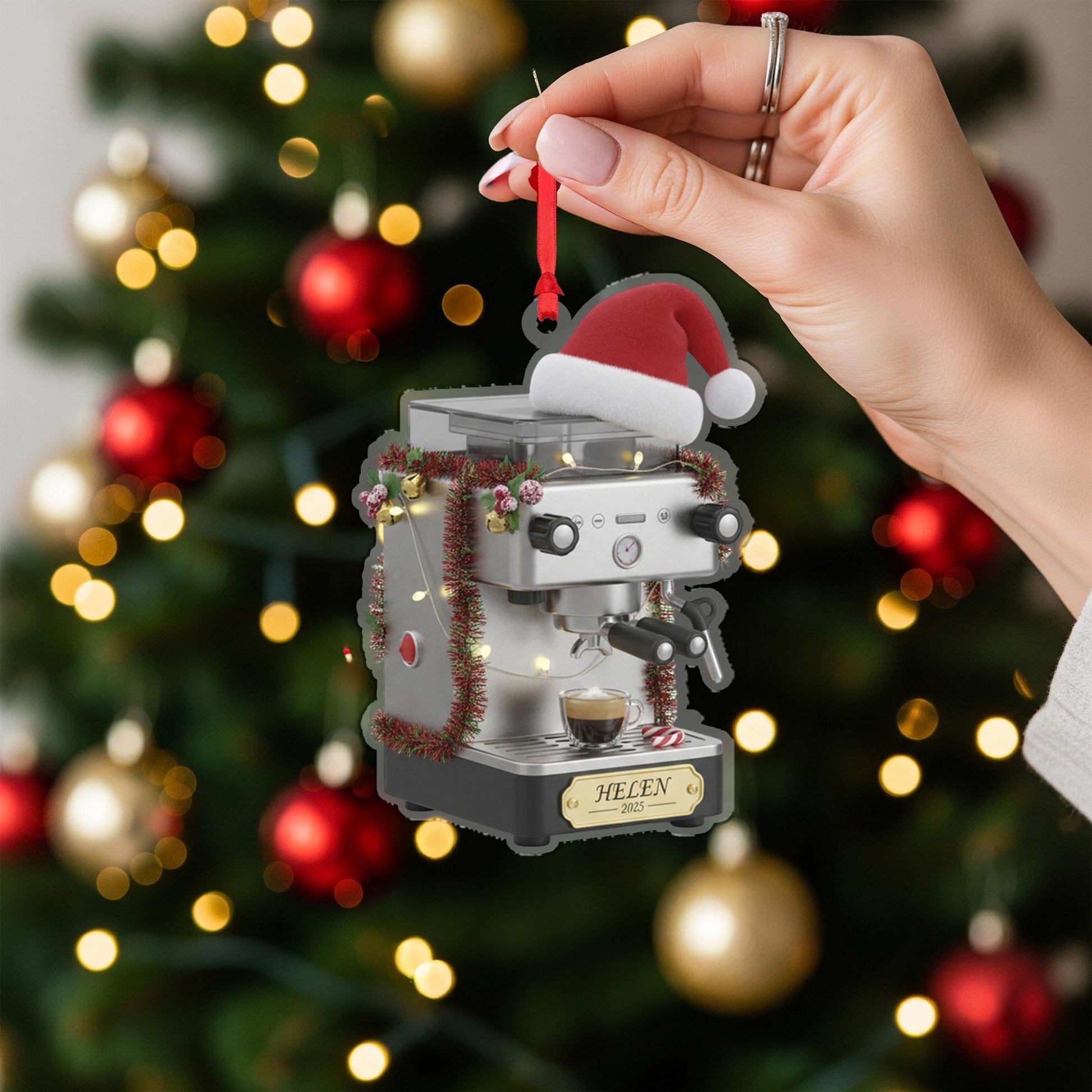 Personalized Espresso Machine Acrylic Ornament 2025; Barista Coffee Maker Decor