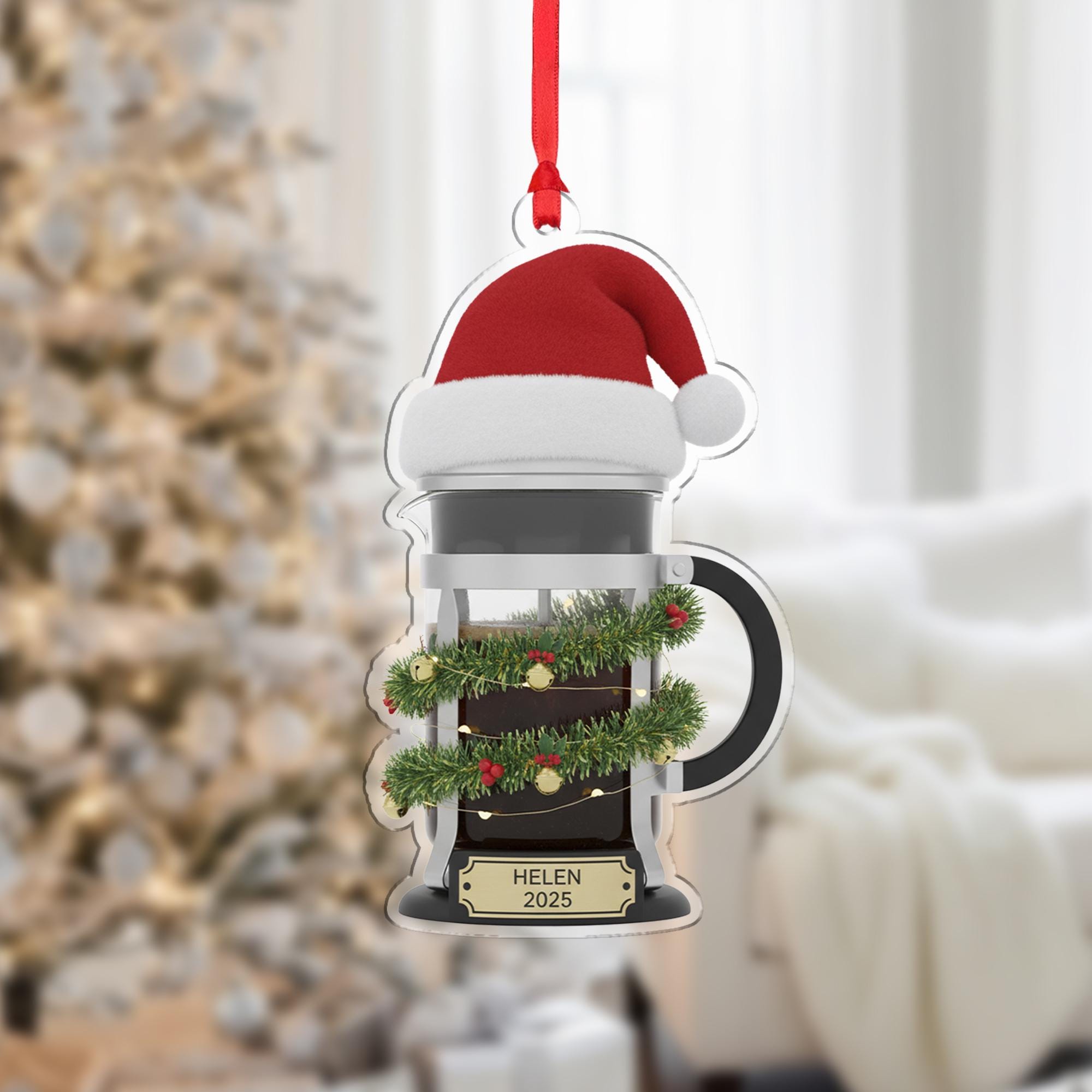 Personalized French Press Coffee Ornament 2025; Manual Brewer Barista Decor