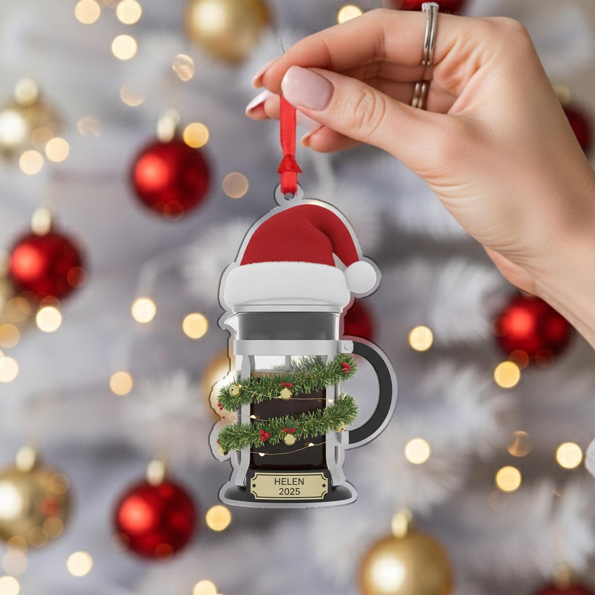 Personalized French Press Coffee Ornament 2025; Manual Brewer Barista Decor