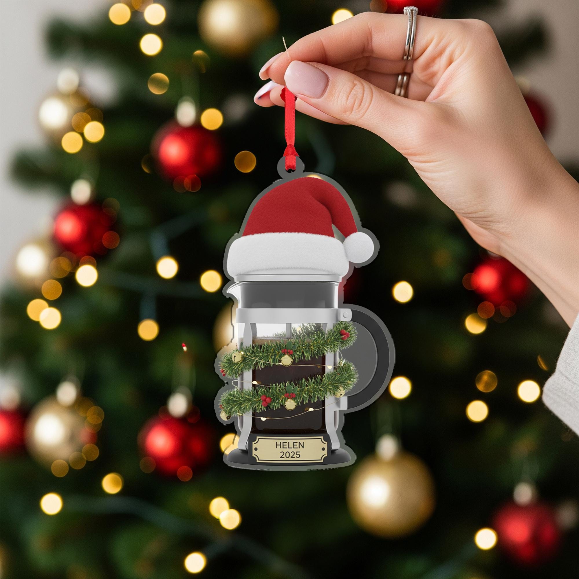 Personalized French Press Coffee Ornament 2025; Manual Brewer Barista Decor