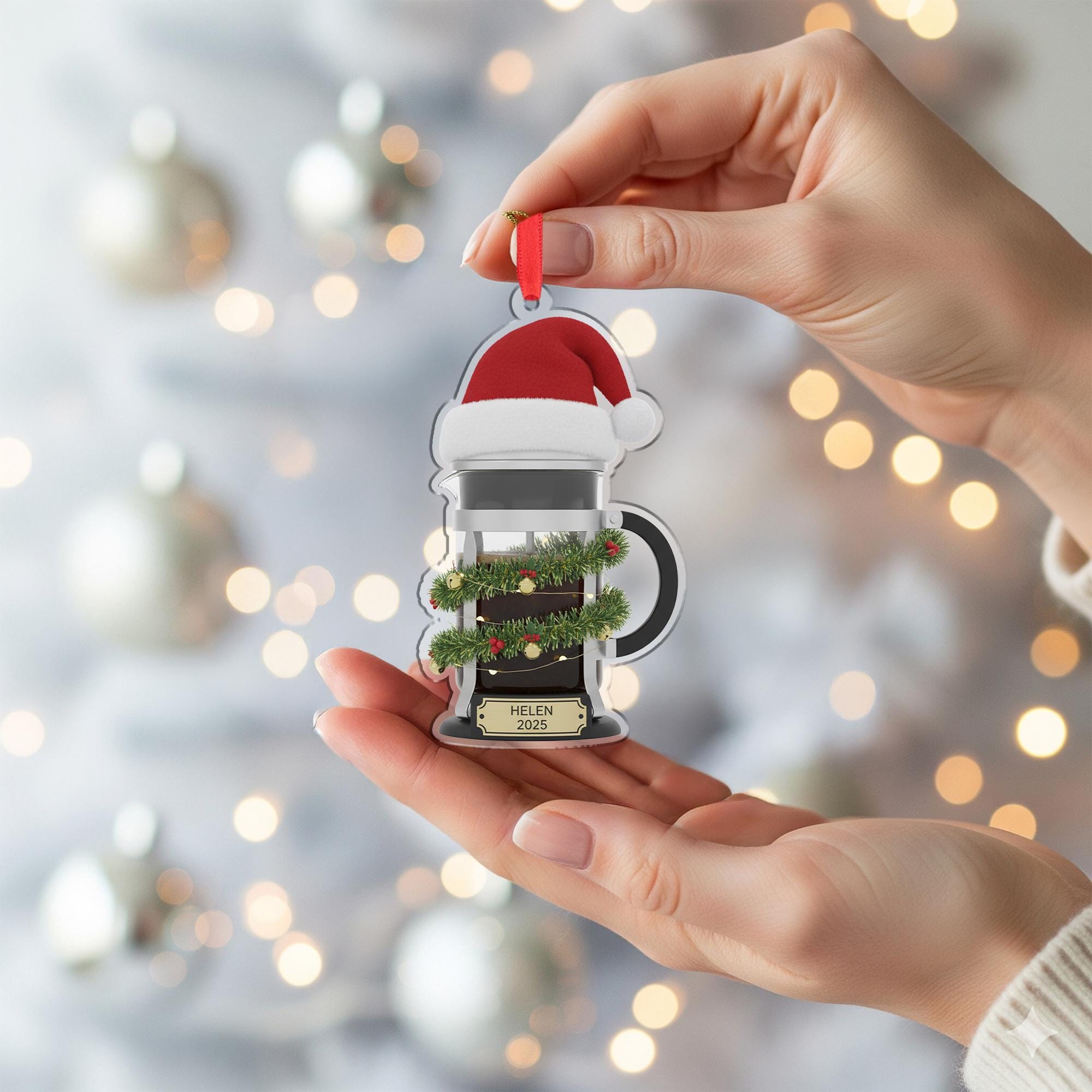 Personalized French Press Coffee Ornament 2025; Manual Brewer Barista Decor