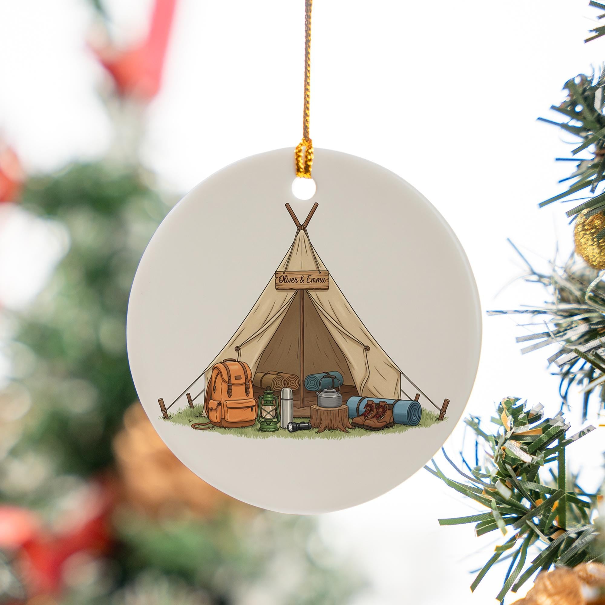 Personalized Camping Tent Ceramic Ornament; Custom Name Hiking Gear Decor