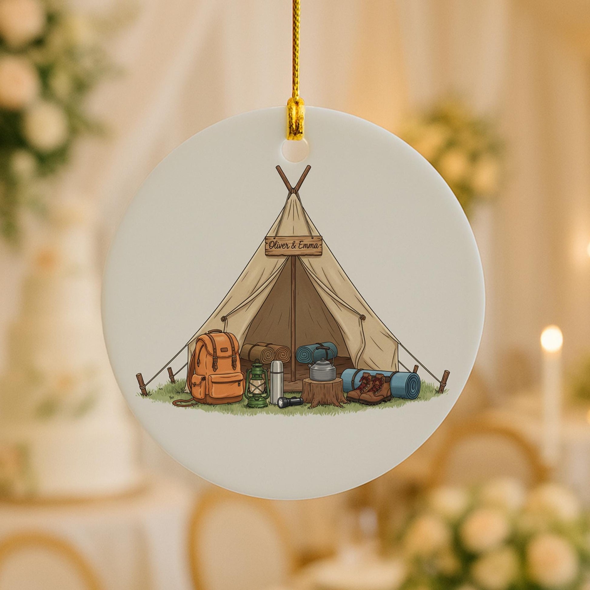 Personalized Camping Tent Ceramic Ornament; Custom Name Hiking Gear Decor