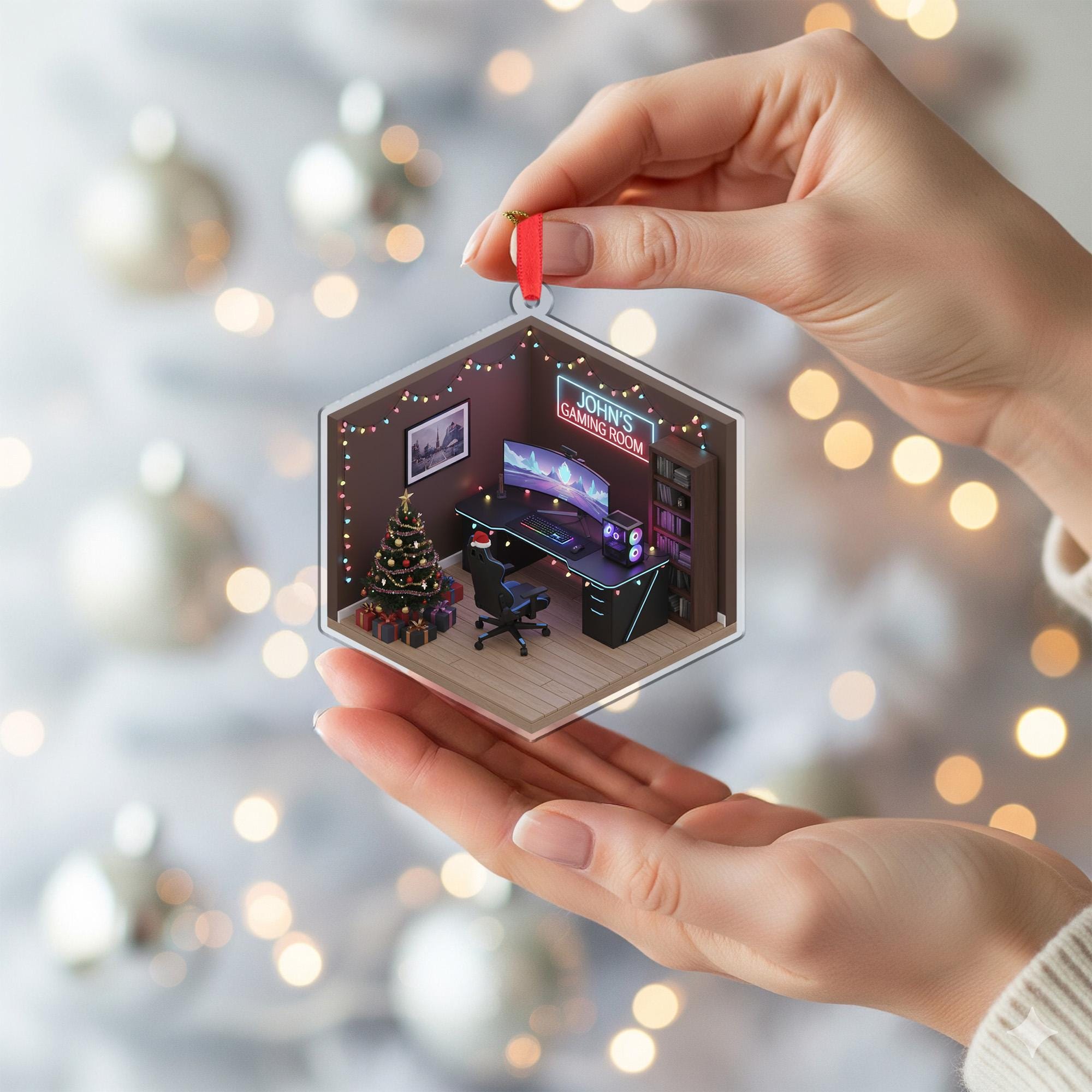 Personalized Isometric Gaming Room Acrylic Ornament; Custom Name Studio Decor