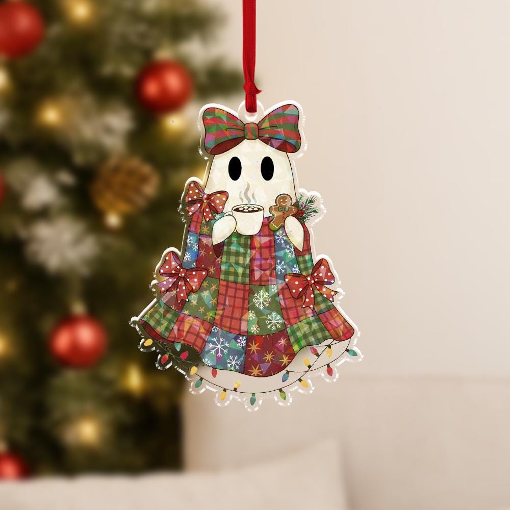 Hologram Christmas Ghost Ornament – Patchwork Plaid Holiday Decor – Hot Cocoa Ghost
