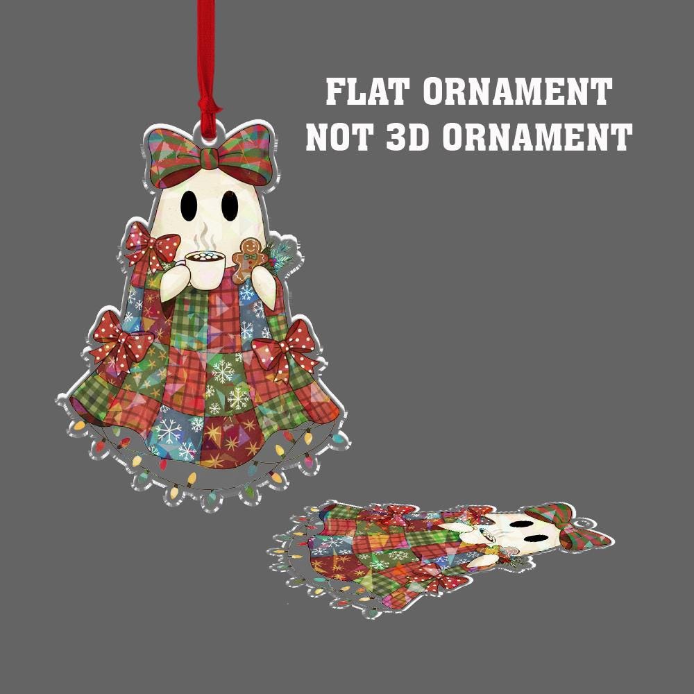 Hologram Christmas Ghost Ornament – Patchwork Plaid Holiday Decor – Hot Cocoa Ghost