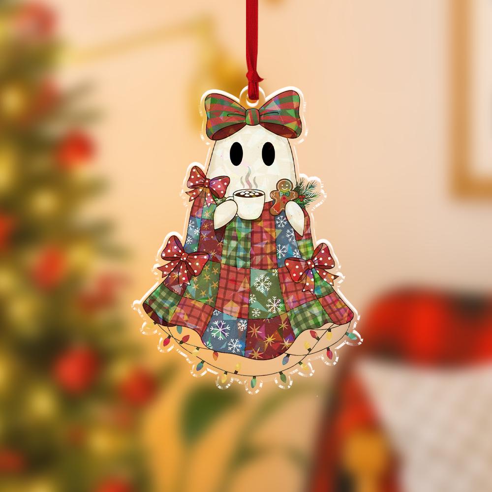 Hologram Christmas Ghost Ornament – Patchwork Plaid Holiday Decor – Hot Cocoa Ghost