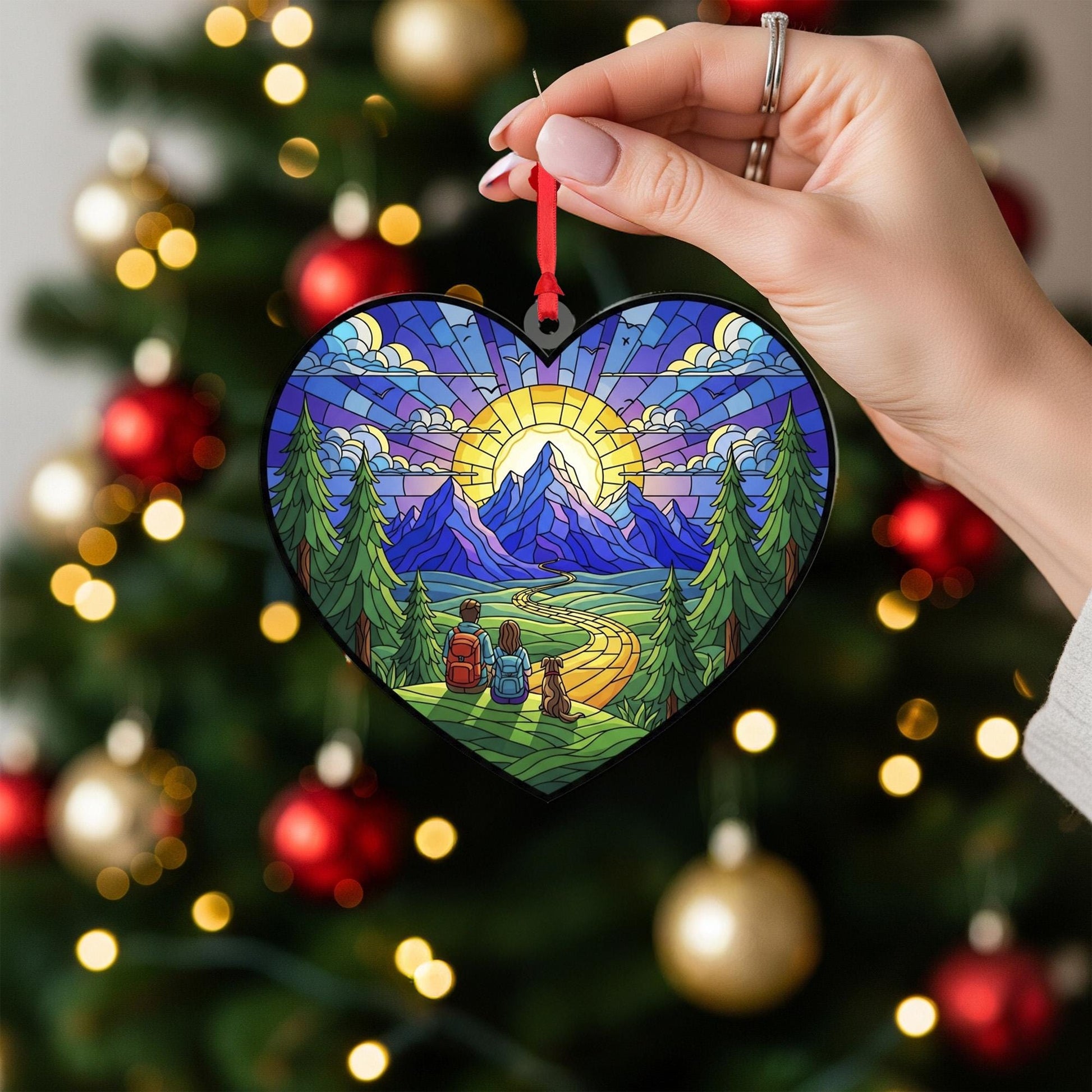 Stained Glass Style Mountain Hiking Heart Ornament; Nature Landscape Acrylic Decor