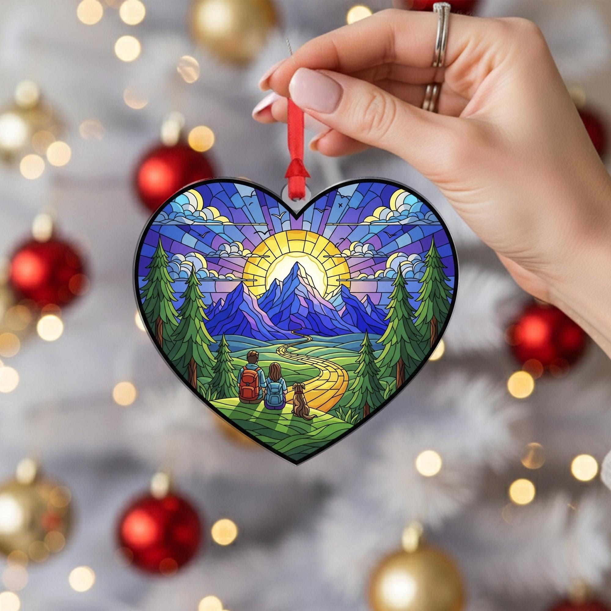 Stained Glass Style Mountain Hiking Heart Ornament; Nature Landscape Acrylic Decor