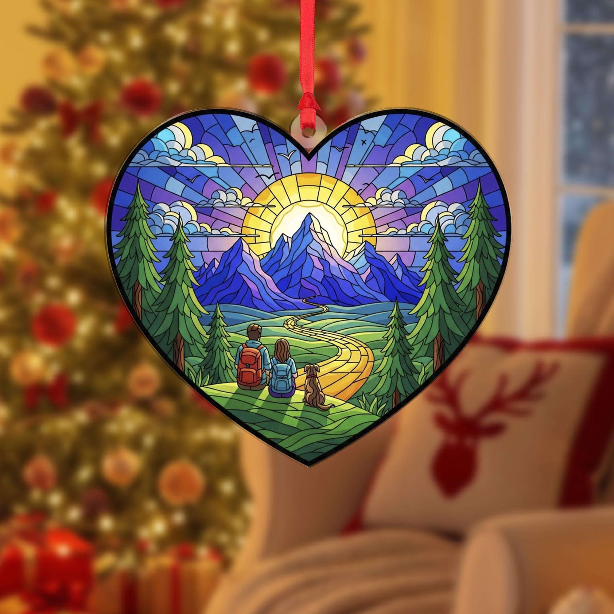 Stained Glass Style Mountain Hiking Heart Ornament; Nature Landscape Acrylic Decor