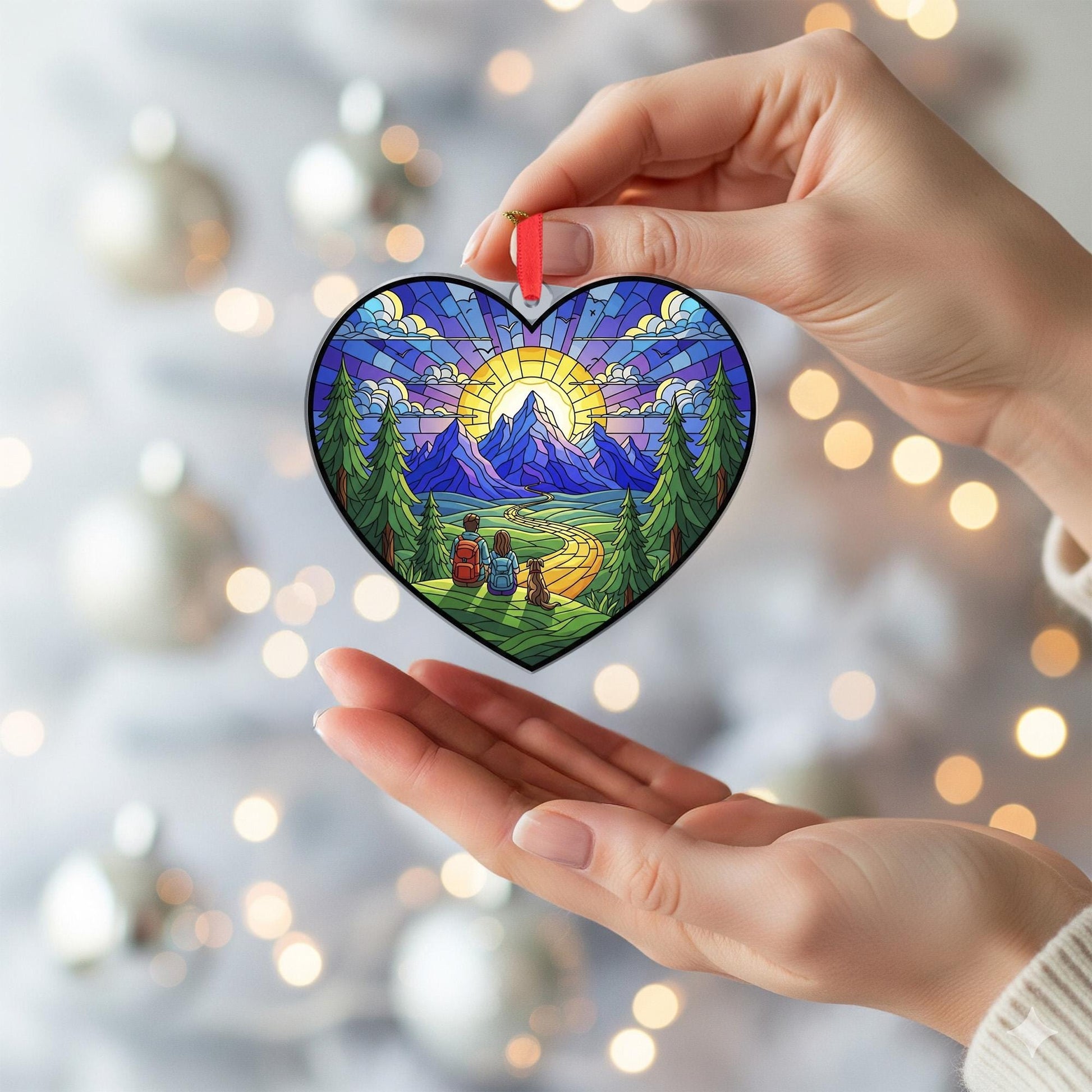 Stained Glass Style Mountain Hiking Heart Ornament; Nature Landscape Acrylic Decor