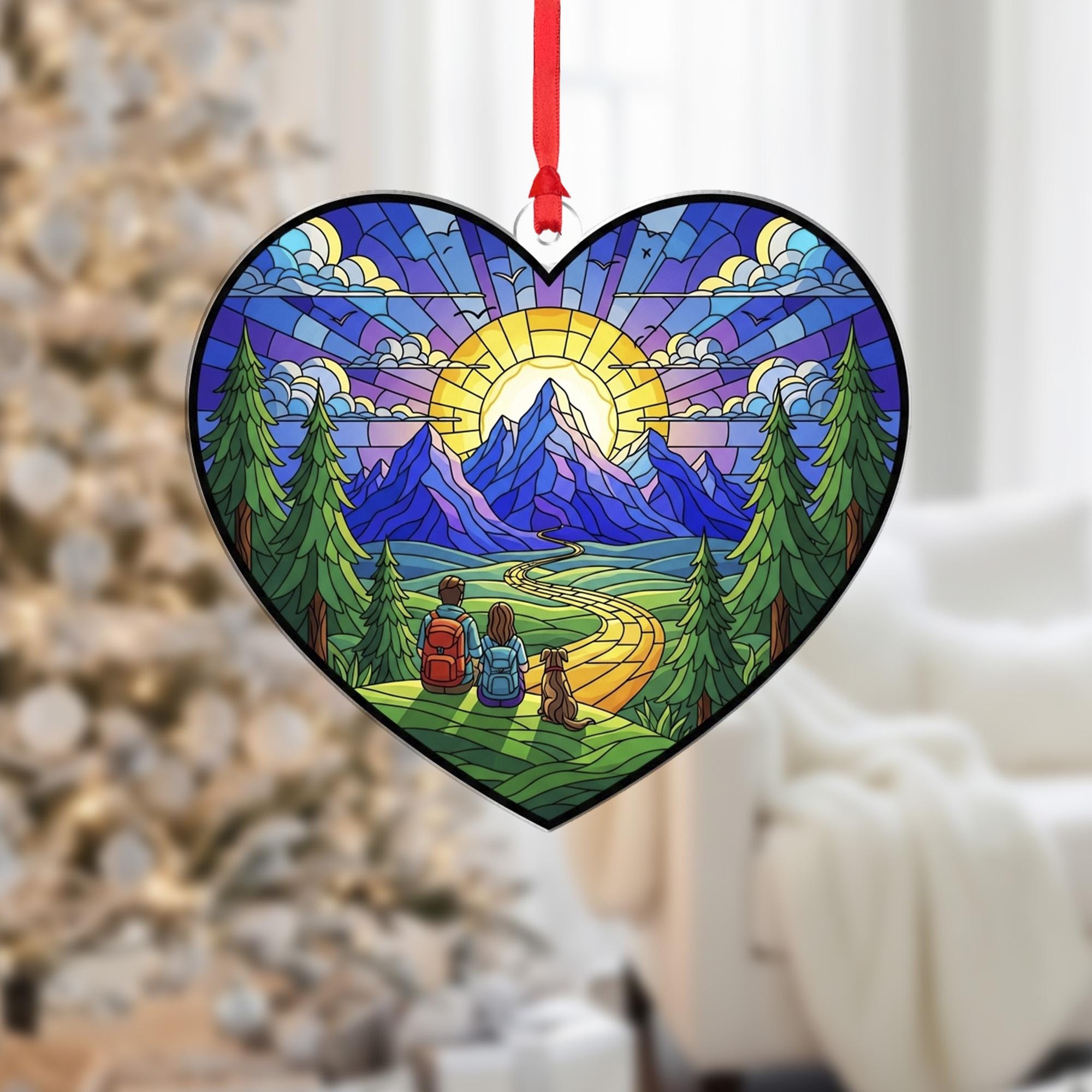 Stained Glass Style Mountain Hiking Heart Ornament; Nature Landscape Acrylic Decor
