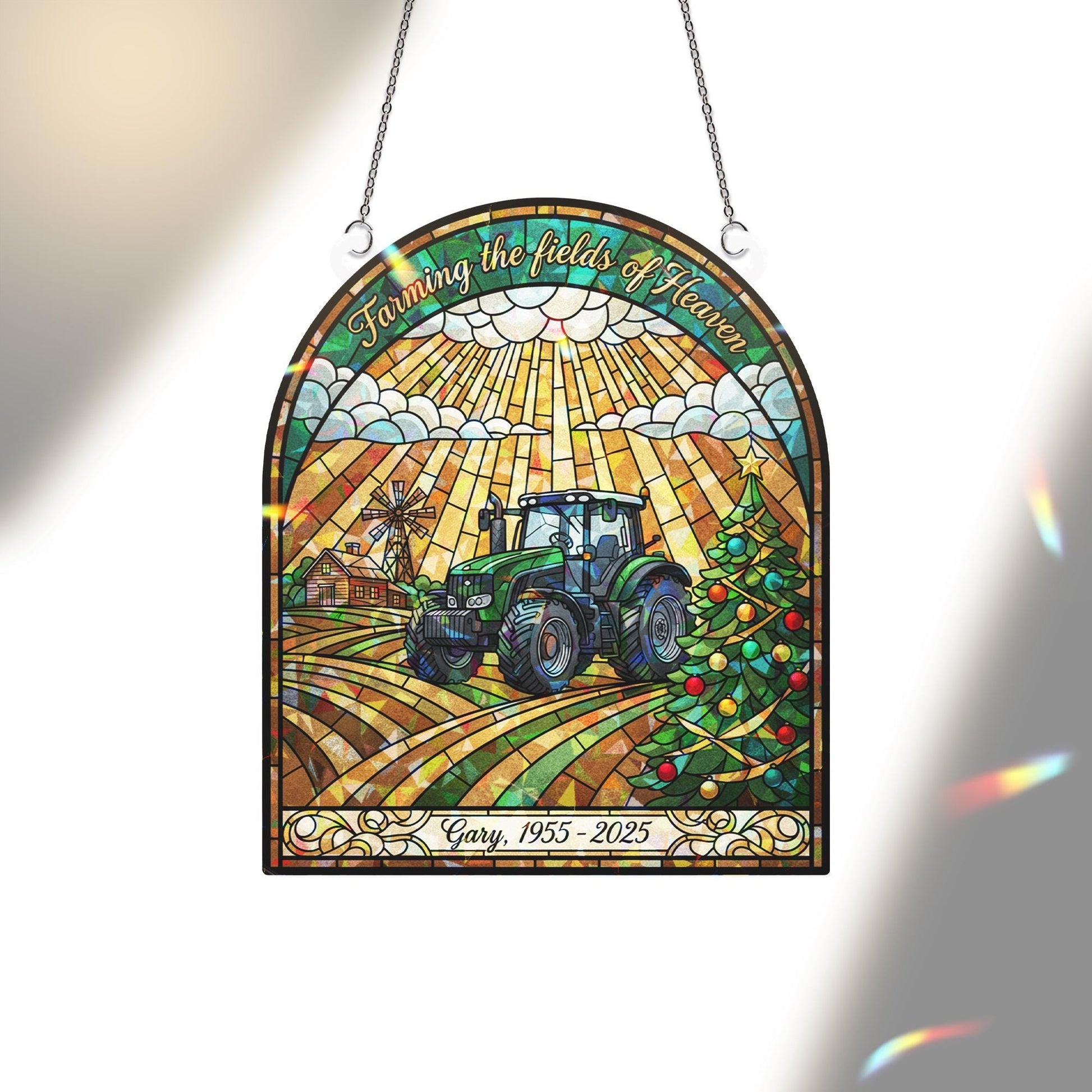 Personalized Stained Glass Effect Farmer Memorial Window Hanging; Green Tractor