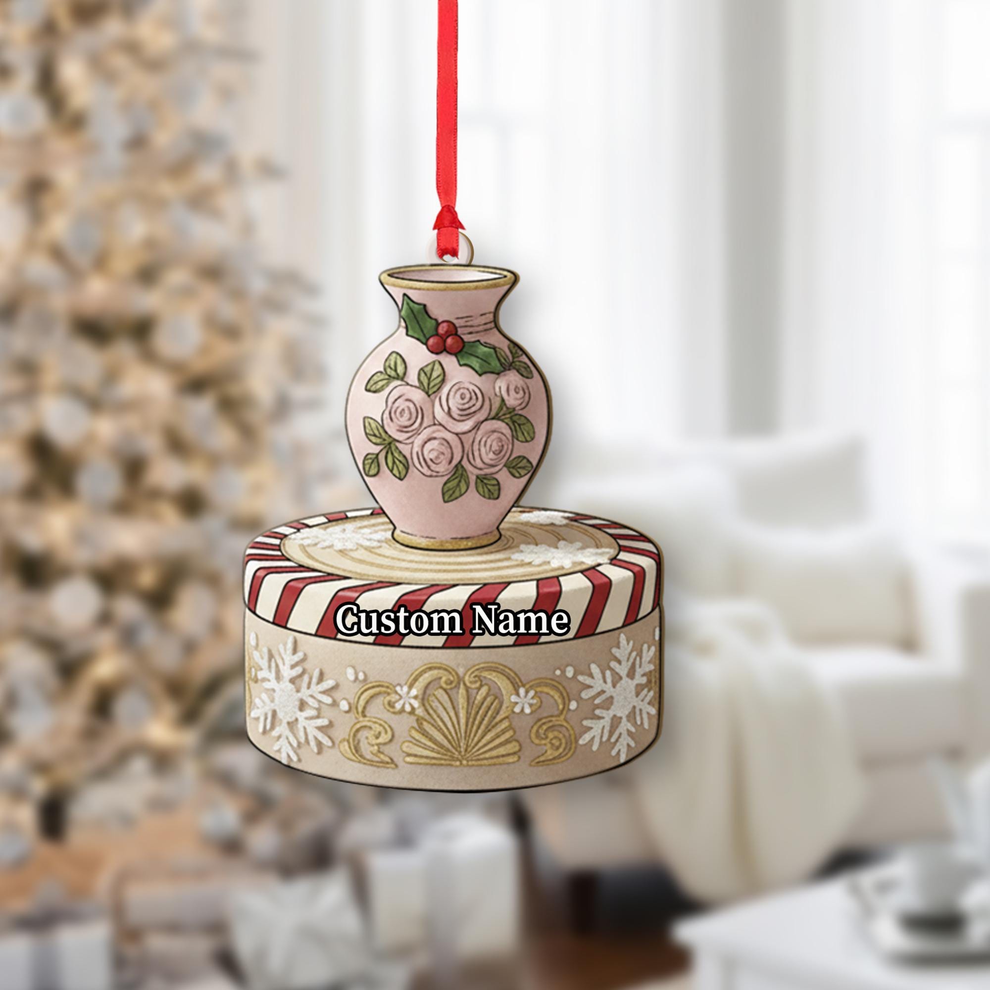 Personalized Vase Ornament – Custom Name Christmas Tree Decoration with Roses & Holly