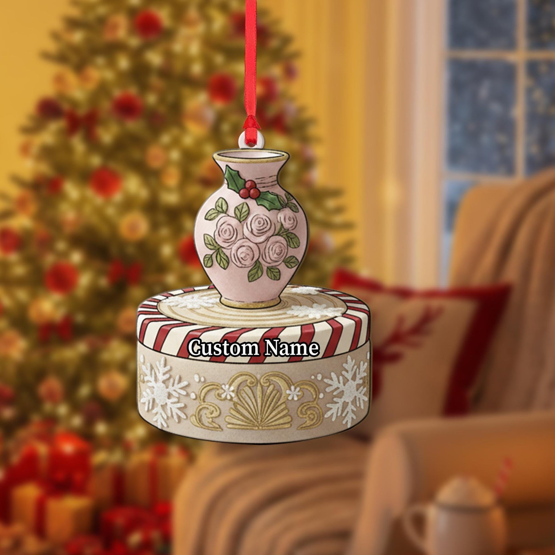 Personalized Vase Ornament – Custom Name Christmas Tree Decoration with Roses & Holly